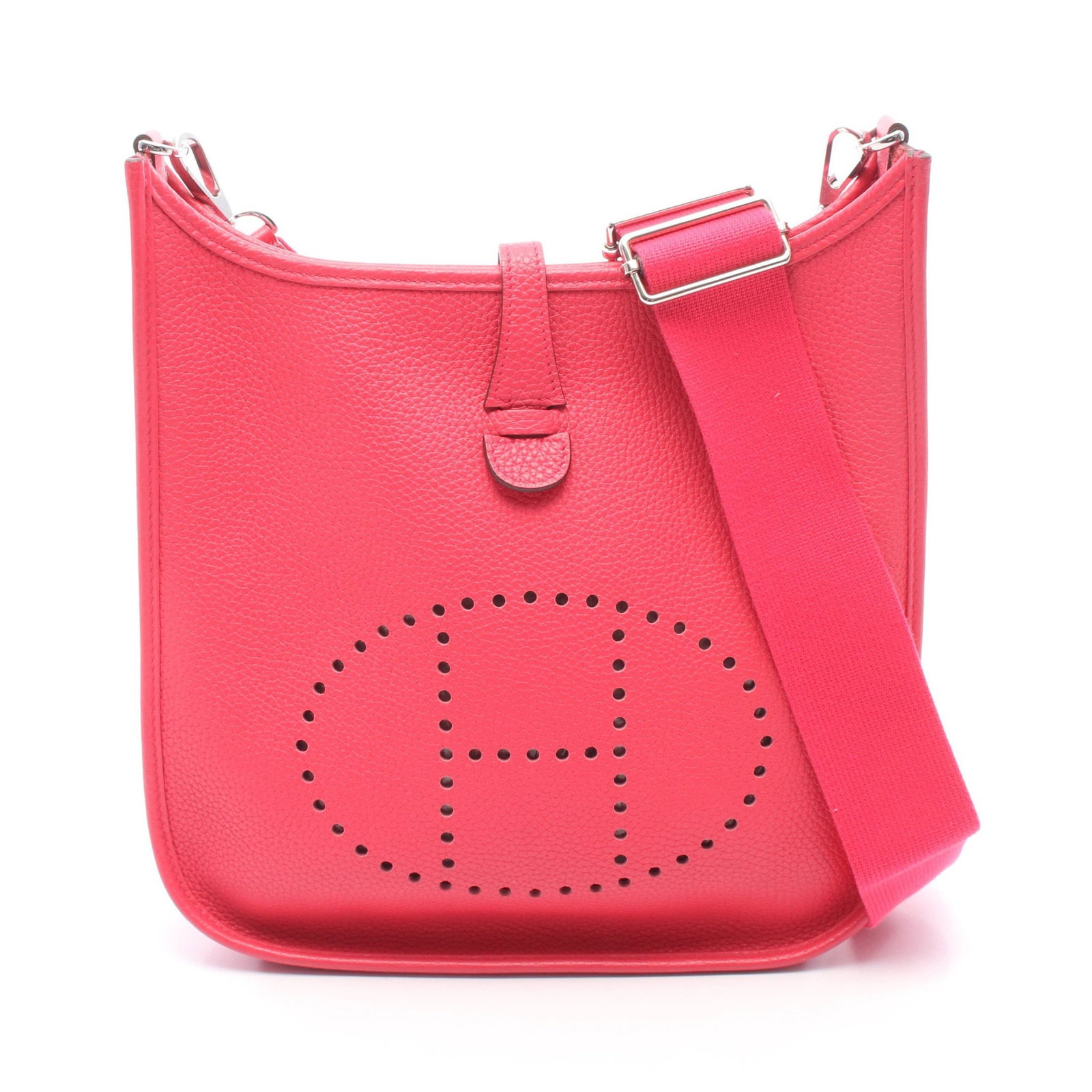 Hermes Evelyne III PM Rose Extreme: Authentic and authenticated Hermes Evelyne III PM shoulder bag in pink Clemence leather with silver hardware. Approx. 26.5H x 27/28W x 7D cm with 92-134 cm strap. D stamp.