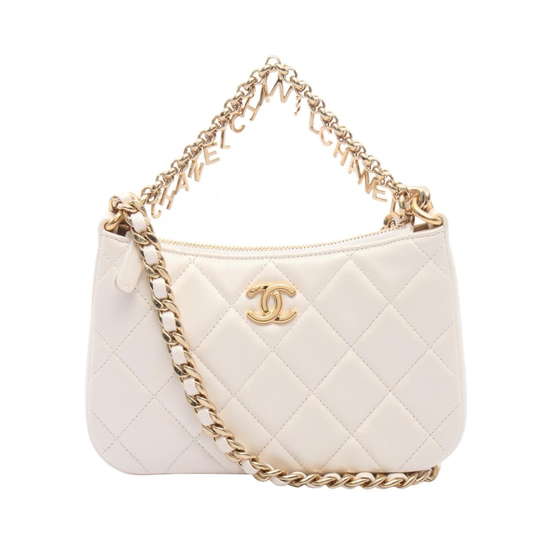 Chanel Small Chain Bag White: Authentic and authenticated Chanel Matelasse Small chain shoulder bag in white lambskin with gold hardware. Approx. 11H x 17/18.5W x 3D cm with 113 cm chain. Includes serial seal.