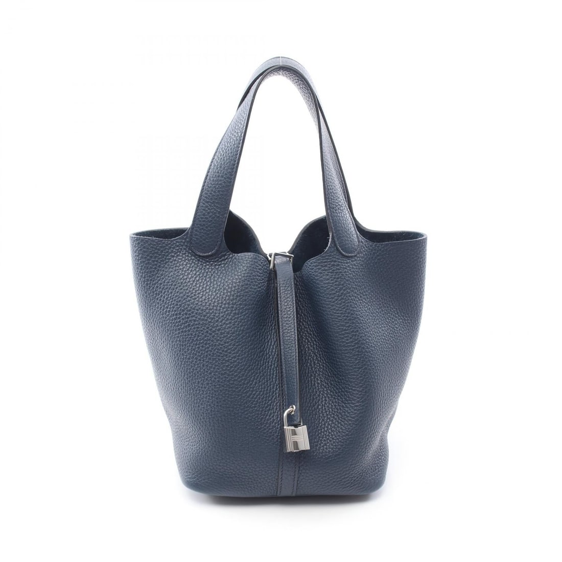 Hermes Picotin Lock MM Bleu de Plus: Authentic and authenticated Hermes Picotin Lock MM handbag in dark blue Clemence leather with silver hardware. Approx. 21H x 35/22W x 17D cm with 34 cm handle. U stamp.