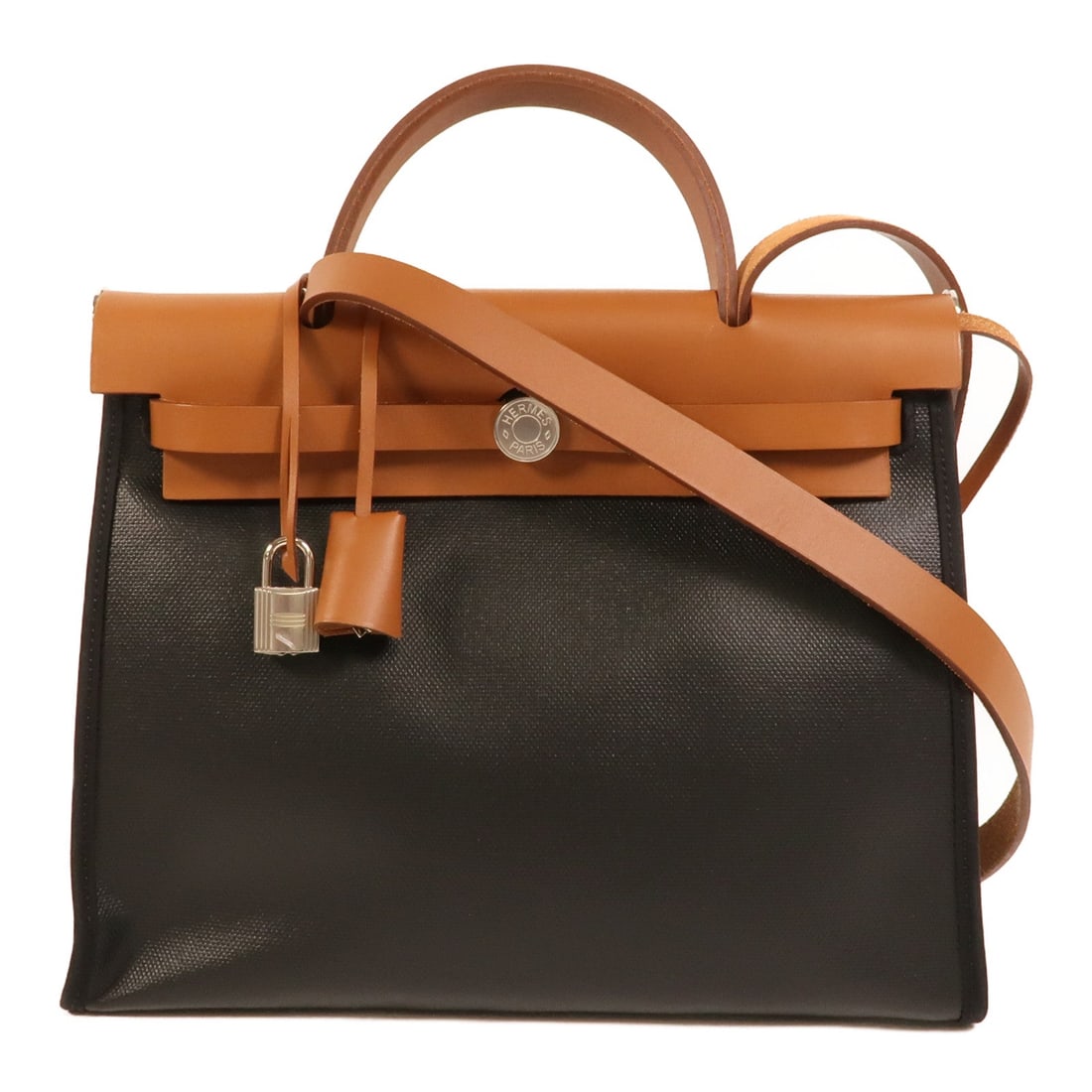 Hermes Herbag PM 2 Way Black: Authentic and authenticated Hermes Herbag PM 2 Way shoulder handbag in black PVC coated canvas. Product no. WTS001AUW. Approx. 30W x 24H x 11D cm with 23 cm handle and 98 cm strap. Includes storage