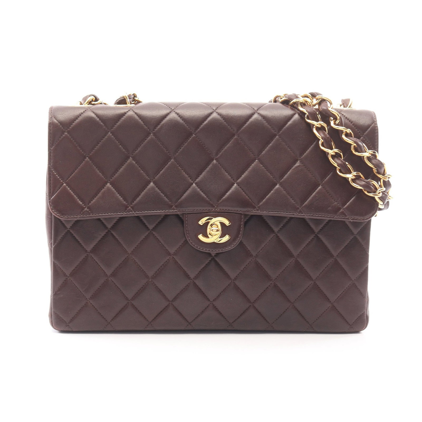 Chanel Decamatlasse 30 Dark Brown: Authentic and authenticated Chanel Decamatlassé 30 Single Flap W chain shoulder bag in dark brown lambskin with gold hardware. Approx. 21H x 30W x 8D cm with double or single chain wear. Includes gua