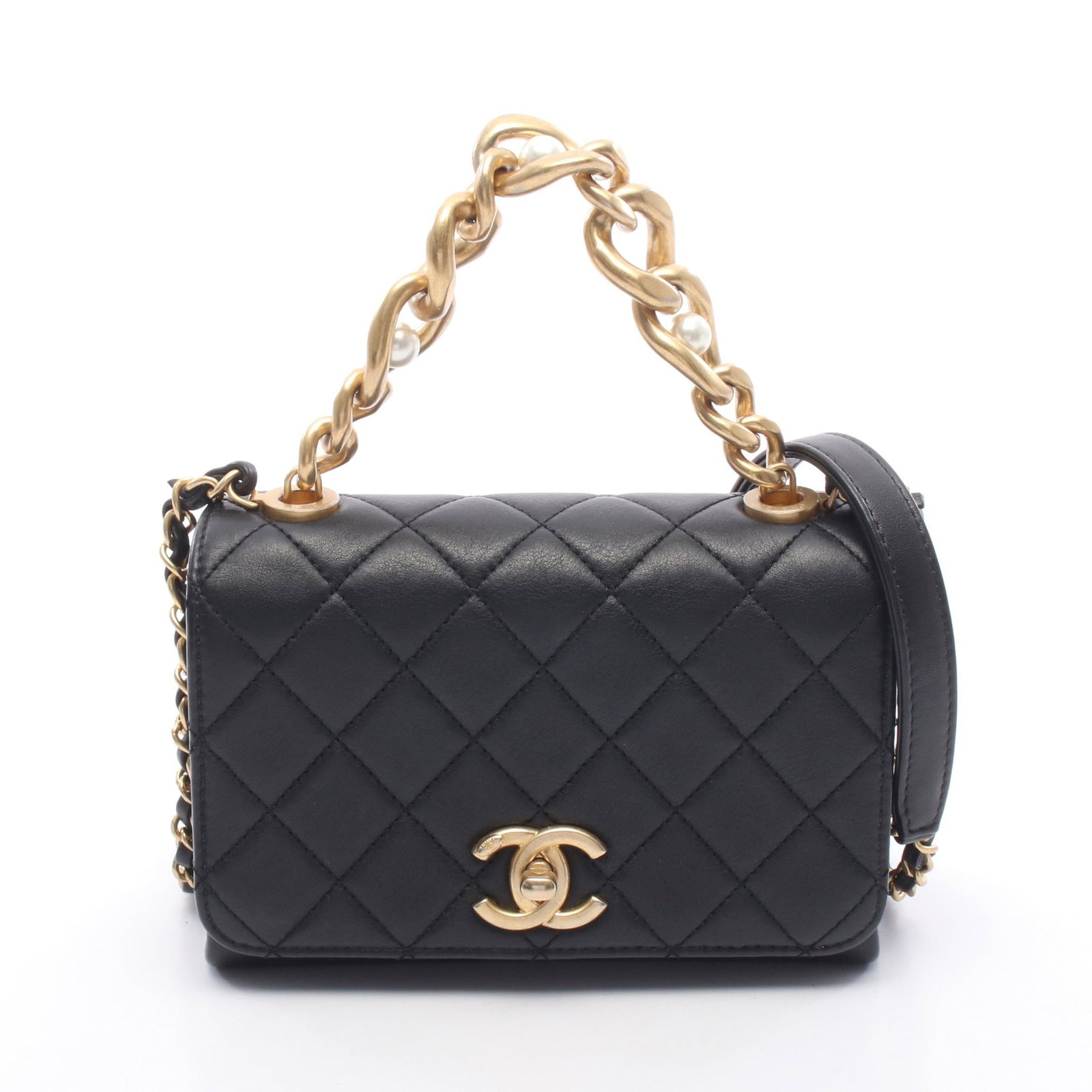 Chanel Small Flap Chain Black: Authentic and authenticated Chanel Matelasse Small Flap chain shoulder bag in black lambskin with gold hardware. Approx. 12H x 17.5W x 7D cm with 115 cm strap and 23 cm handle. Includes serial metal
