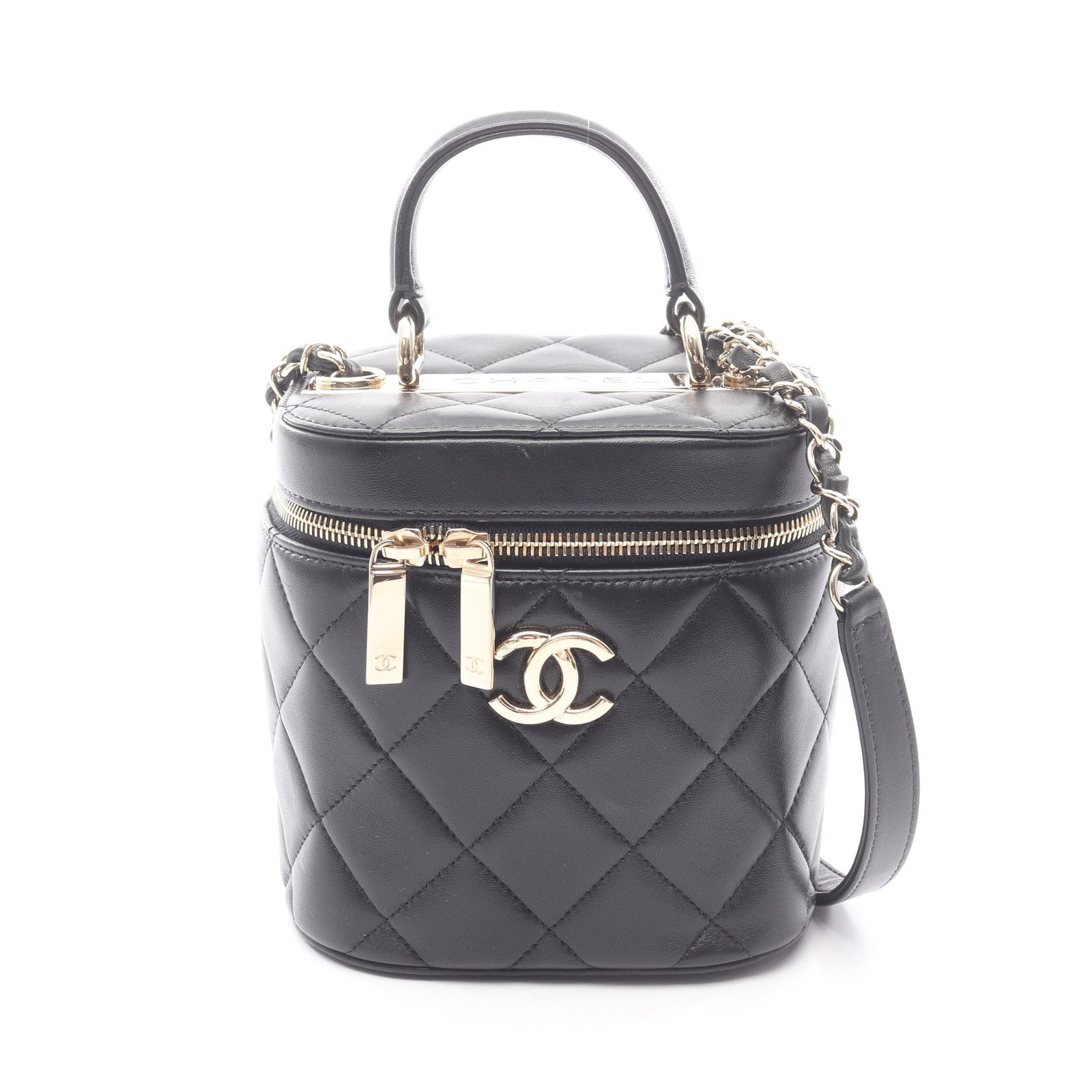 Chanel Trendy CC Vanity Black: Authentic and authenticated Chanel Trendy CC vanity bag chain shoulder bag in black lambskin with gold hardware. Model AS1626. Approx. 16H x 16W x 12D cm with 20 cm handle and 105 cm strap. Includes g