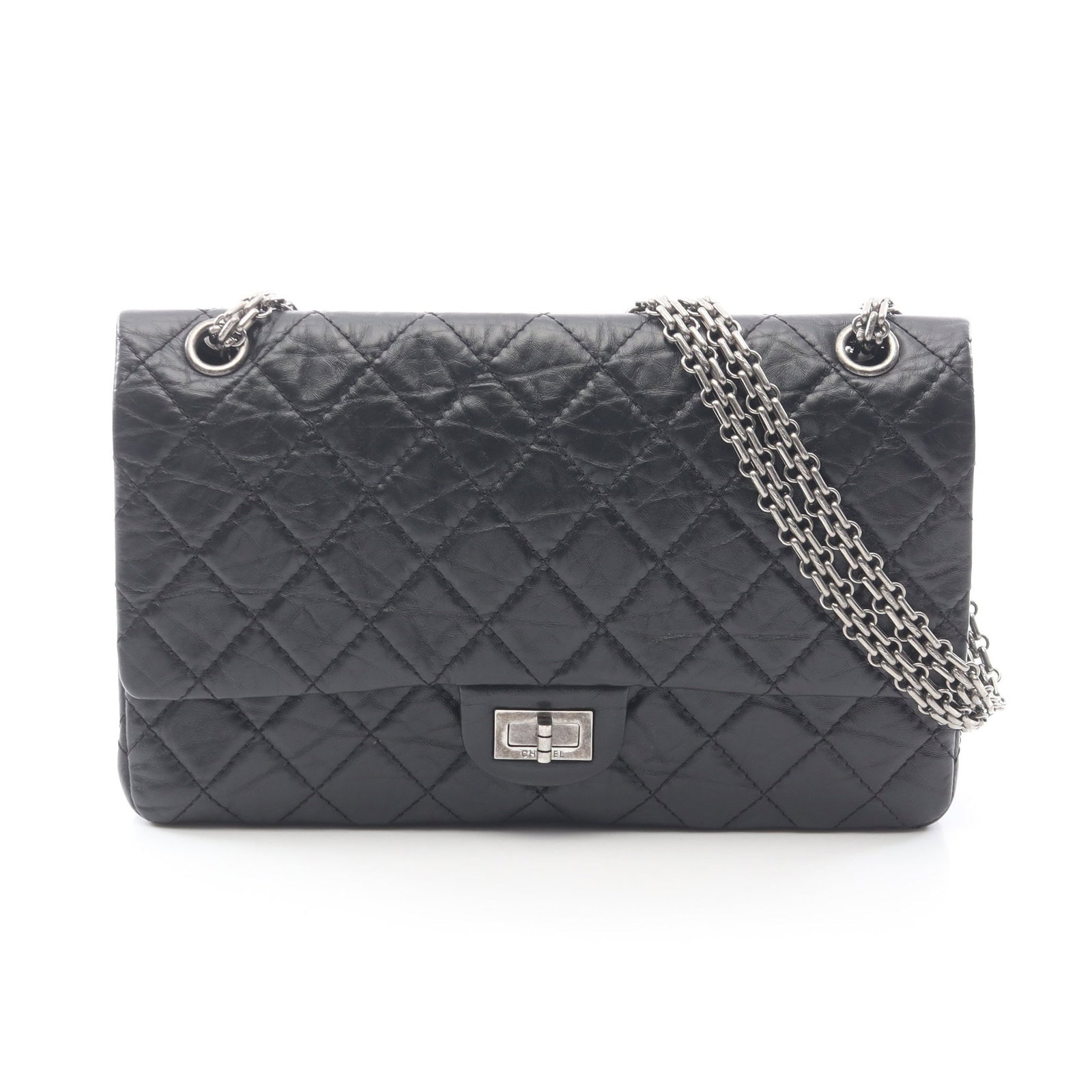 Chanel 2.55 W Flap Chain Black: Authentic and authenticated Chanel 2.55 Matelasse W flap W chain shoulder bag in black leather with antique silver hardware. Model A37587. Approx. 18H x 28/27W x 8D cm with double or single chain