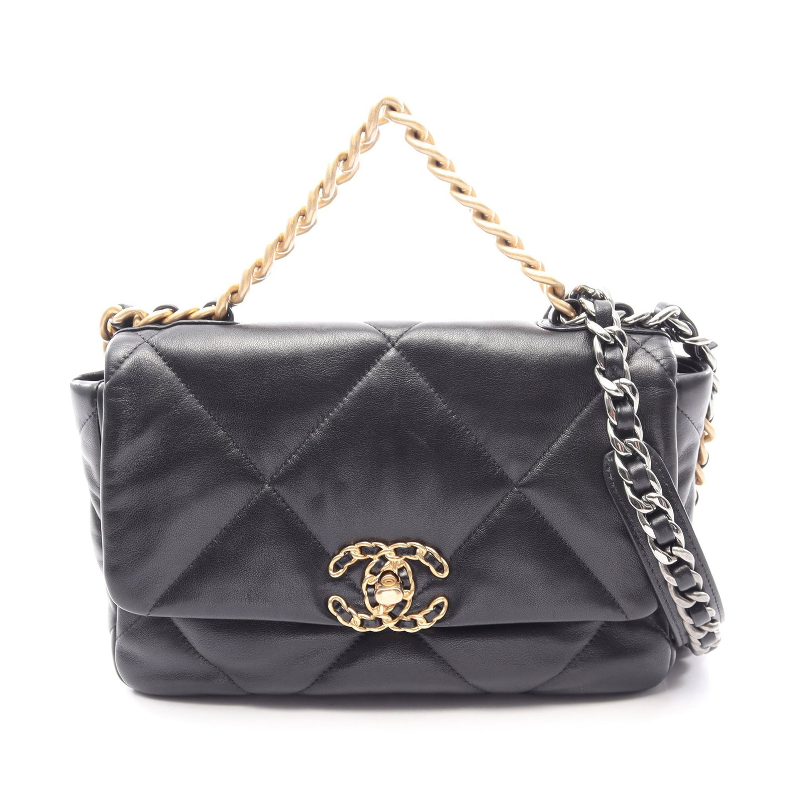 Chanel 19 2WAY Chain Bag Black: Authentic and authenticated Chanel 19 Dizeneuf Matelasse 2WAY chain shoulder bag in black lambskin with mixed metal fittings. Model AS1160. Approx. 17H x 25W x 8D cm with 22 cm handle and 107 cm