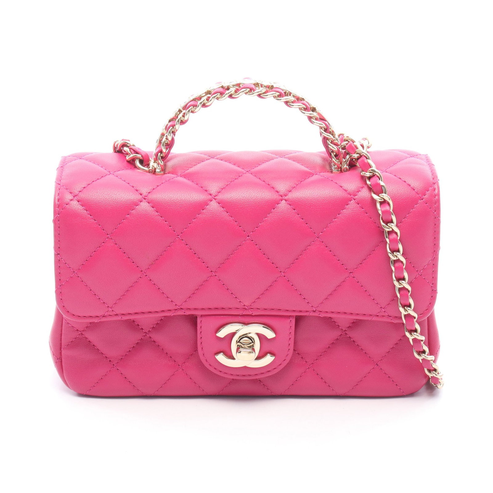 Chanel Top Handle Chain Bag Pink: Authentic and authenticated Chanel Matelasse Top Handle chain shoulder bag in pink purple lambskin with gold hardware. Model AS4140. Approx. 13H x 19W x 5D cm with 18 cm handle and 115 cm strap.