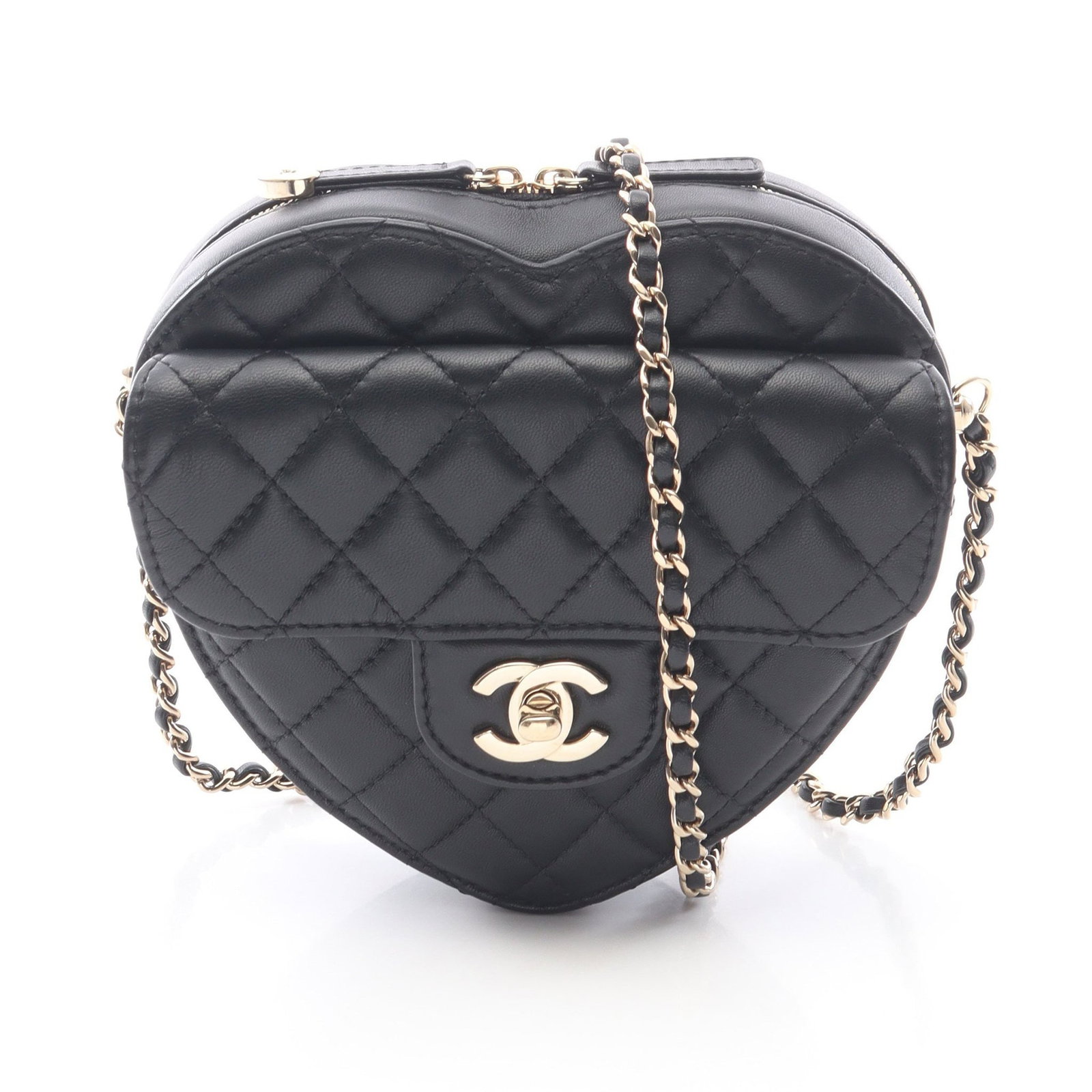 Chanel Heart Chain Shoulder Black: Authentic and authenticated Chanel Matelasse Heart chain shoulder bag in black lambskin with gold hardware. Model AS3191. Approx. 15.5H x 18W x 5D cm with 117 cm strap. Includes serial metal plate.