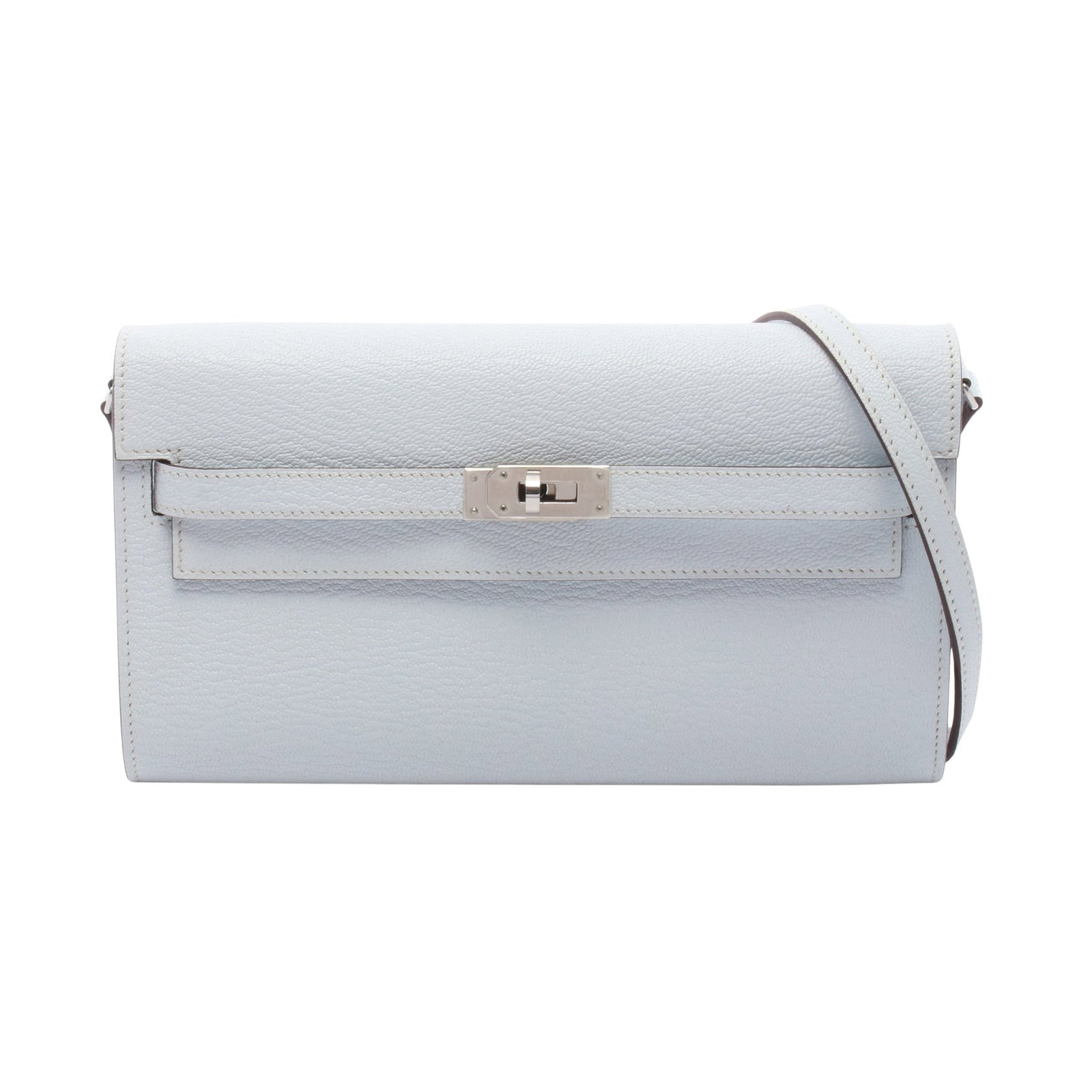 Hermes Kelly To Go Blue: Authentic and authenticated Hermes Kelly To Go shoulder wallet in light blue Chevre with silver hardware. Approx. 11.5H x 20.5W x 3.5D cm with 110 cm strap. U stamp.
