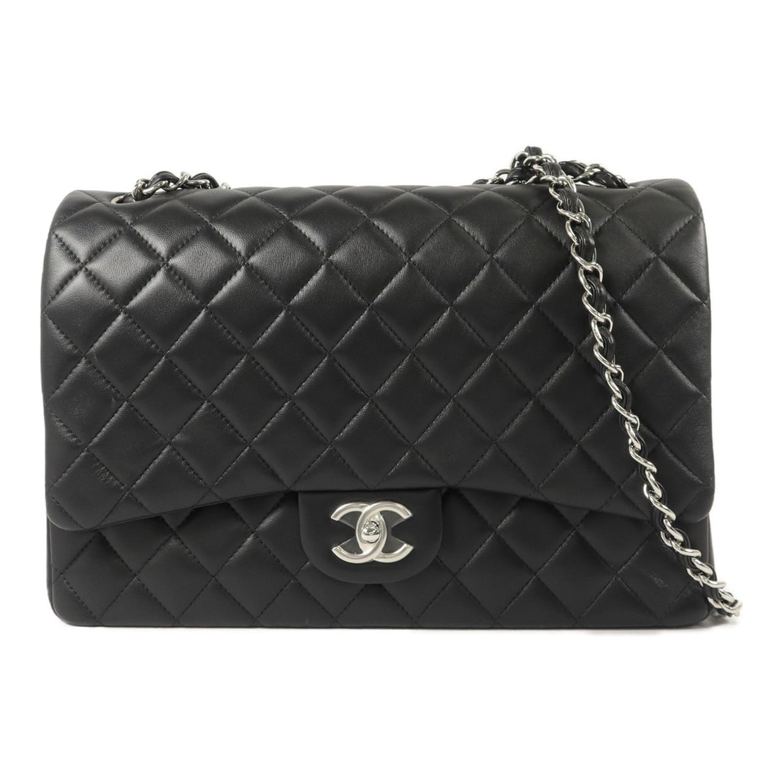 Chanel Maxi Classic Chain Bag Black: Authentic and authenticated Chanel Maxi Classic chain shoulder bag in black lambskin. Product no. 27895882. Approx. 33W x 23H x 10D cm with 65-103 cm strap. Includes storage bags, hologram sticker, an