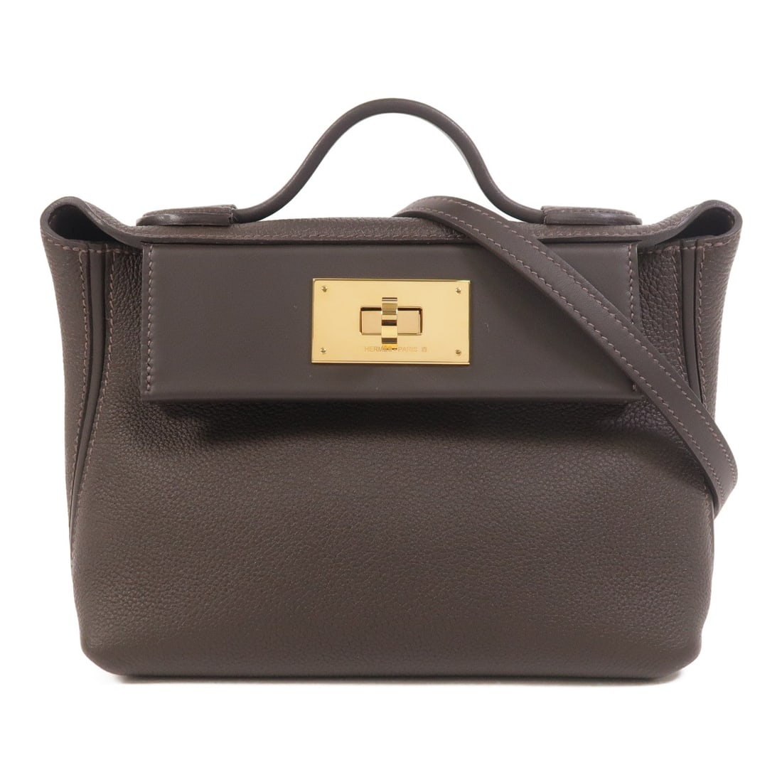 Hermes 24/24 Mini 2WAY Moka: Authentic and authenticated Hermes 24/24 Mini 2 Way shoulder handbag in Moka brown Togo and leather. Approx. 20.5W x 16H x 10.5D cm with 14 cm handle and 101-145 cm strap. Includes box, storage bags,