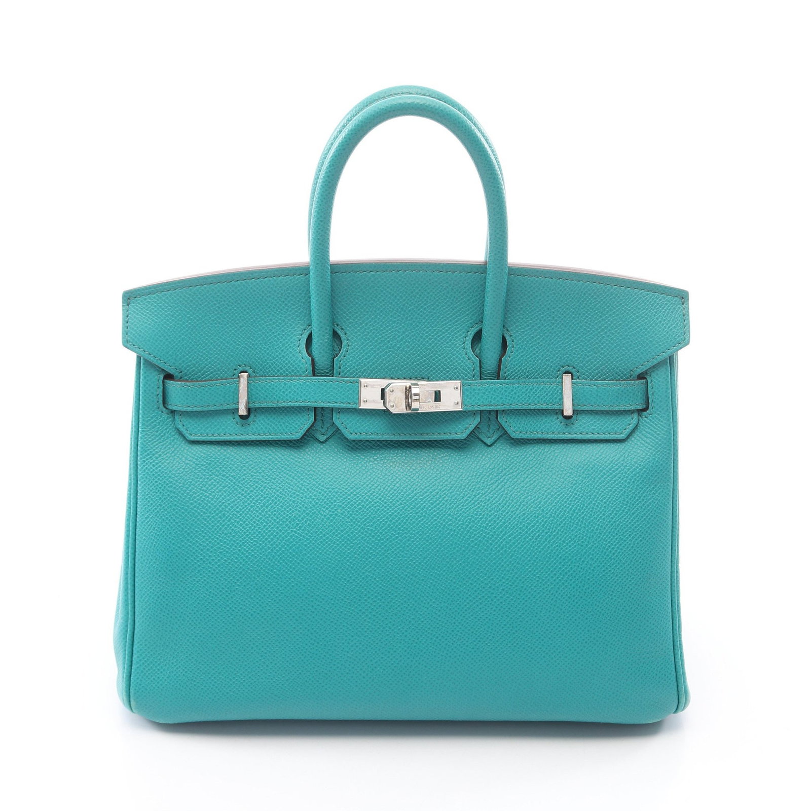 Hermes Birkin 25 Blue Paon: Authentic and authenticated Hermes Birkin 25 handbag in emerald green Veau Epsom with silver hardware. Approx. 20H x 24/25W x 13D cm with 25 cm handle. Includes 2 keys, crochet, and padlock.