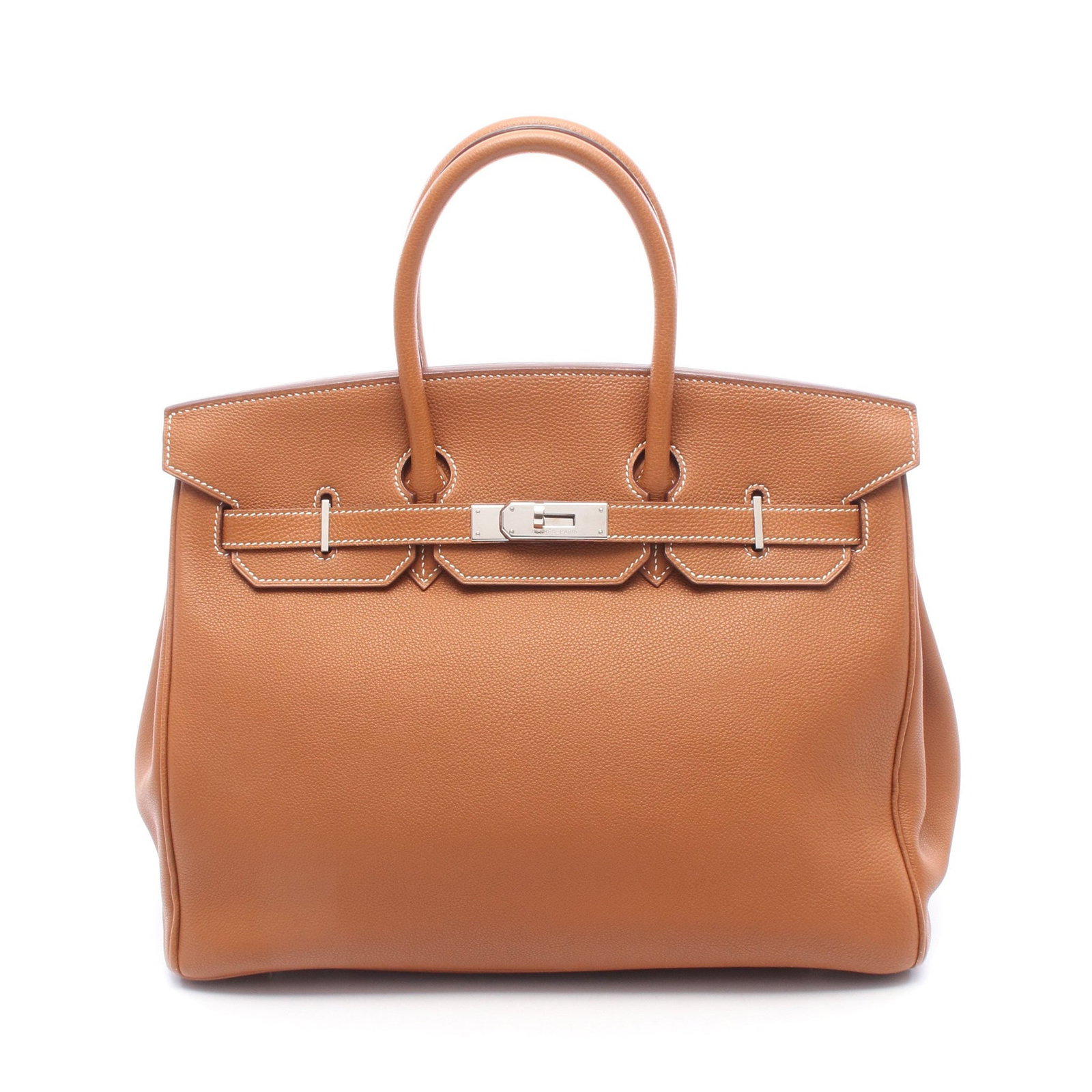 Hermes Birkin 35 Gold Brown: Authentic and authenticated Hermes Birkin 35 handbag in brown Togo with silver hardware. Approx. 28H x 33/35W x 18D cm with 35 cm handle. Includes crochet, padlock, and 2 keys.