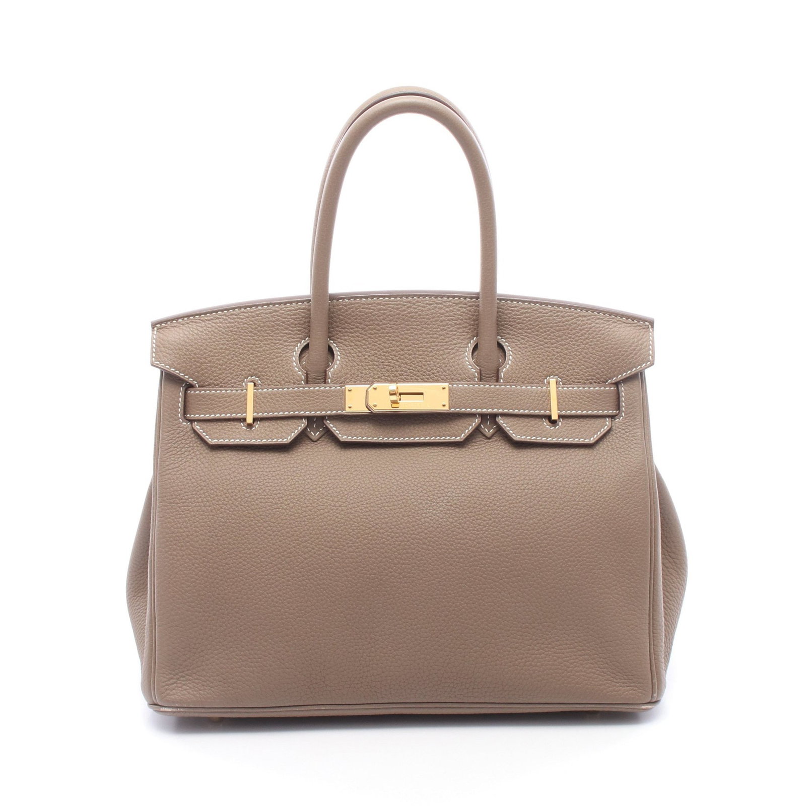Hermes Birkin 30 Etoupe: Authentic and authenticated Hermes Birkin 30 handbag in gray brown Togo with gold hardware. Approx. 24H x 28/30W x 15D cm with 33 cm handle. Includes crochet, padlock, and 2 keys.
