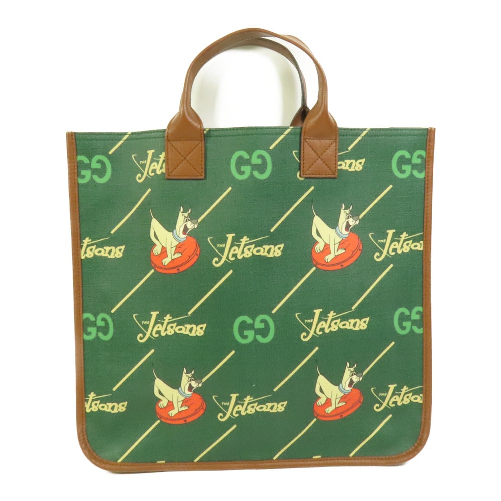Gucci The Jetsons Green Handbag: Authentic and authenticated Gucci The Jetsons handbag in green PVC coated canvas. Product no. 527066. Approx. 28.5W x 25.5H x 12D cm with 22 cm handle. No accessories listed.