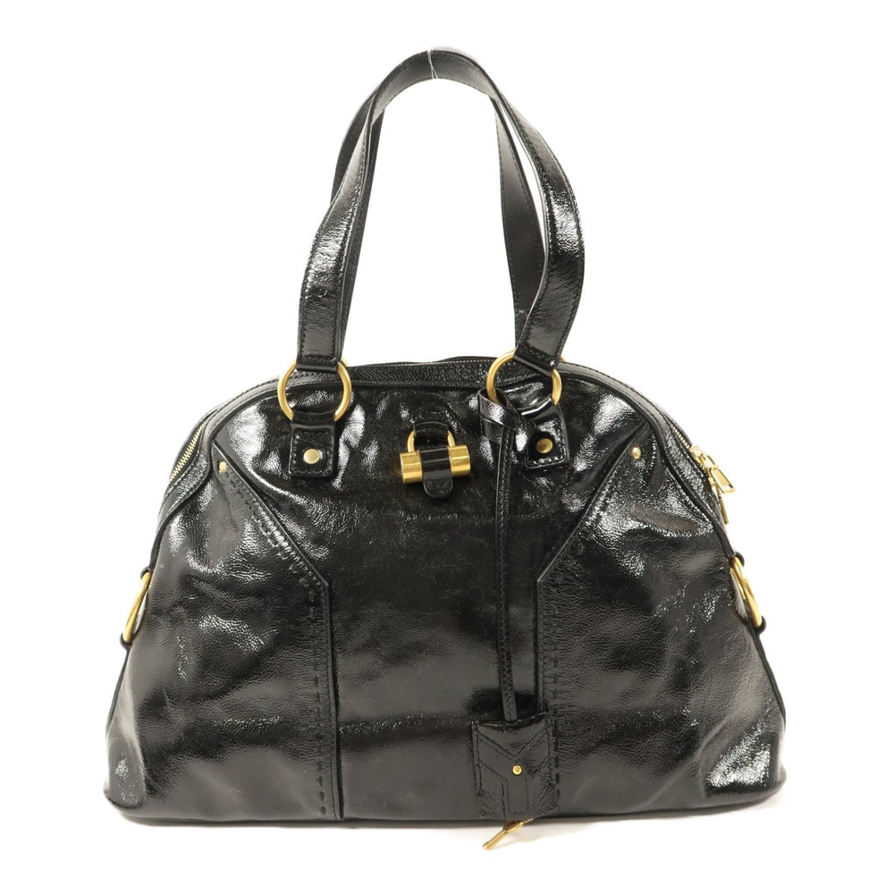 YSL Muse Patent Shoulder Bag Black: Authentic and authenticated Yves Saint Laurent Muse shoulder bag in black patent leather. Product no. 486628. Approx. 41W x 27H x 13D cm with 43 cm handle. Includes storage bags, clochette, key, and p