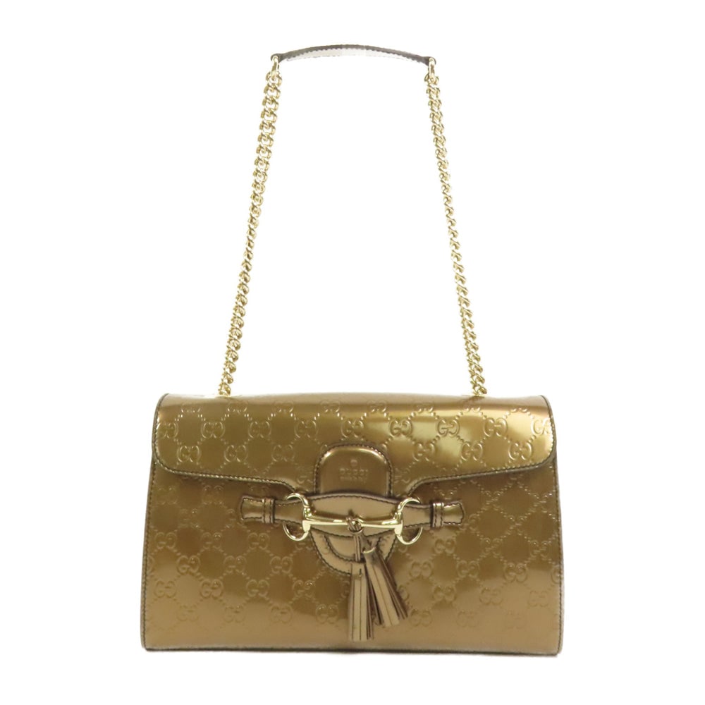 Gucci Emily Patent Shoulder Bag: Authentic and authenticated Gucci Emily shoulder bag in brown patent leather. Product no. 213317. Approx. 30W x 19H x 7D cm with 54 cm shoulder strap. Includes storage bags.