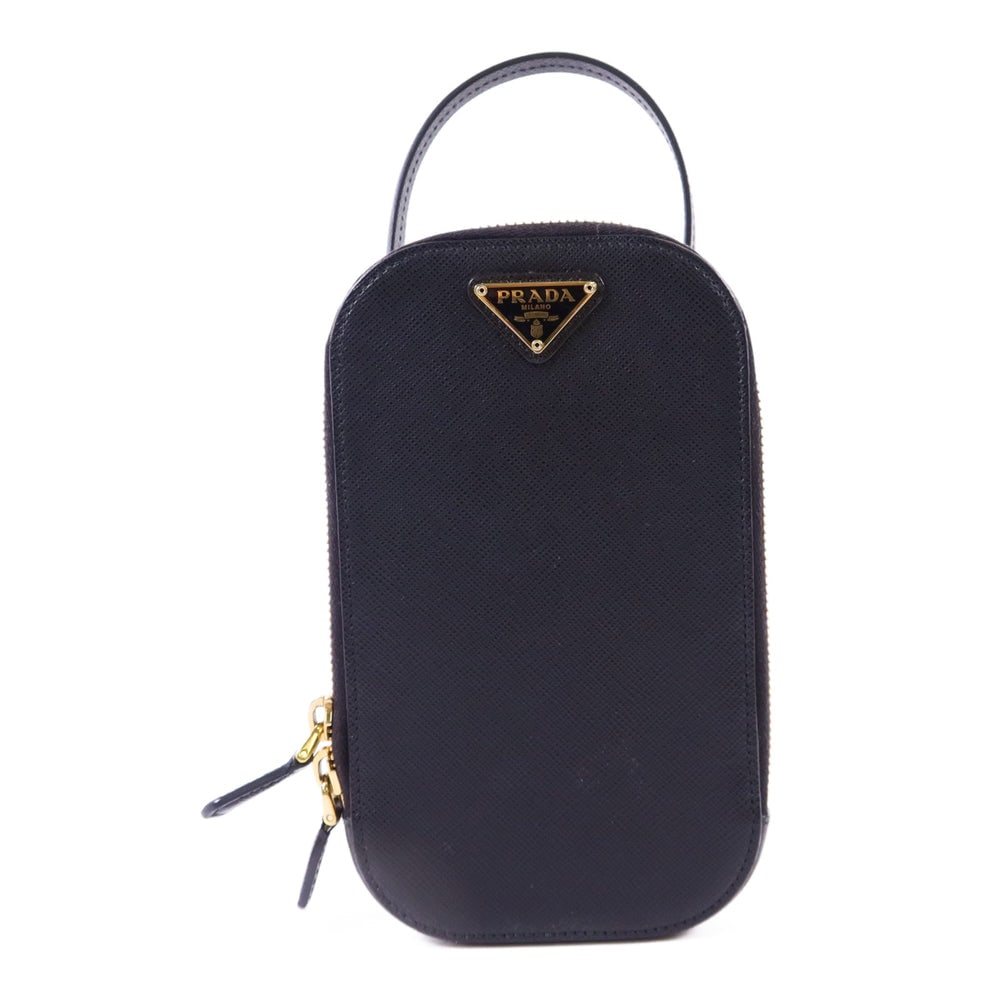 Prada Saffiano Phone Case Black: Black calfskin phone case handbag. Includes guarantee and shoulder strap. 11 x 18 x 2 cm.
