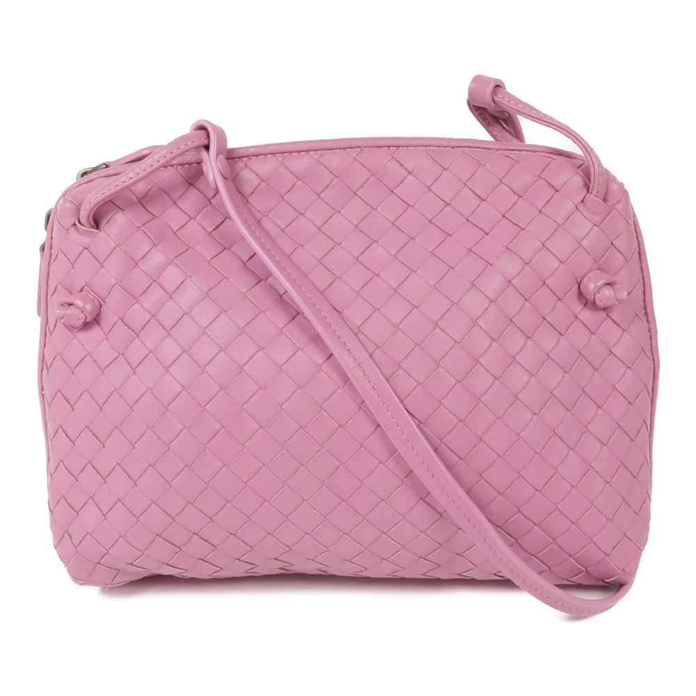 Bottega Veneta Purple Shoulder Bag: Authentic and authenticated Bottega Veneta shoulder bag in purple Intrecciato leather. Approx. 25W x 19H x 5D cm with 117-129 cm strap. Includes storage bags.