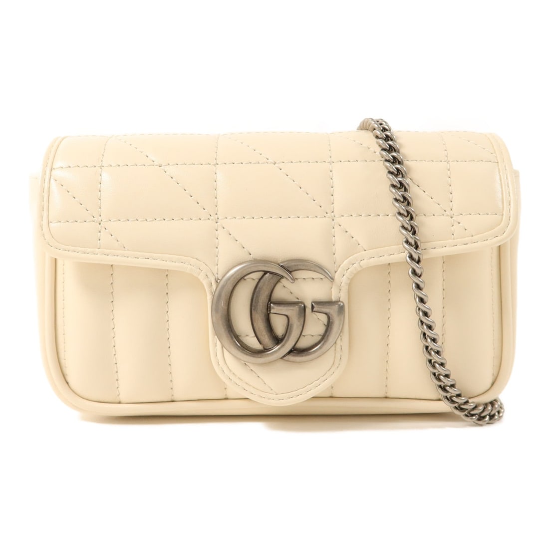 Gucci Marmont Super Mini White: GG Marmont Super Mini chain shoulder bag 476433 in white calfskin. Size 16 x 10.5 x 5 cm.
