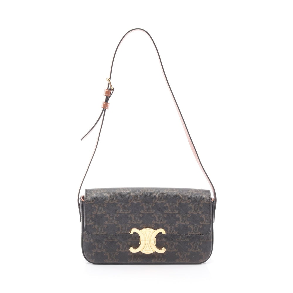 Celine Claude Triomphe Black Brown: Black and brown PVC leather Celine Claude Triomphe one-shoulder bag. Approx. 20 x 12 x 4.5 cm; strap 55-64 cm. Model 194142. Authentic and authenticated.