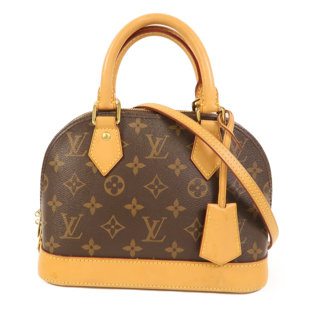 LV Alma BB Monogram Brown: Alma BB 2 way shoulder handbag in brown Monogram canvas. Includes shoulder strap, clochette, key, and padlock. Size 23.5 x 17.5 x 11.5 cm.