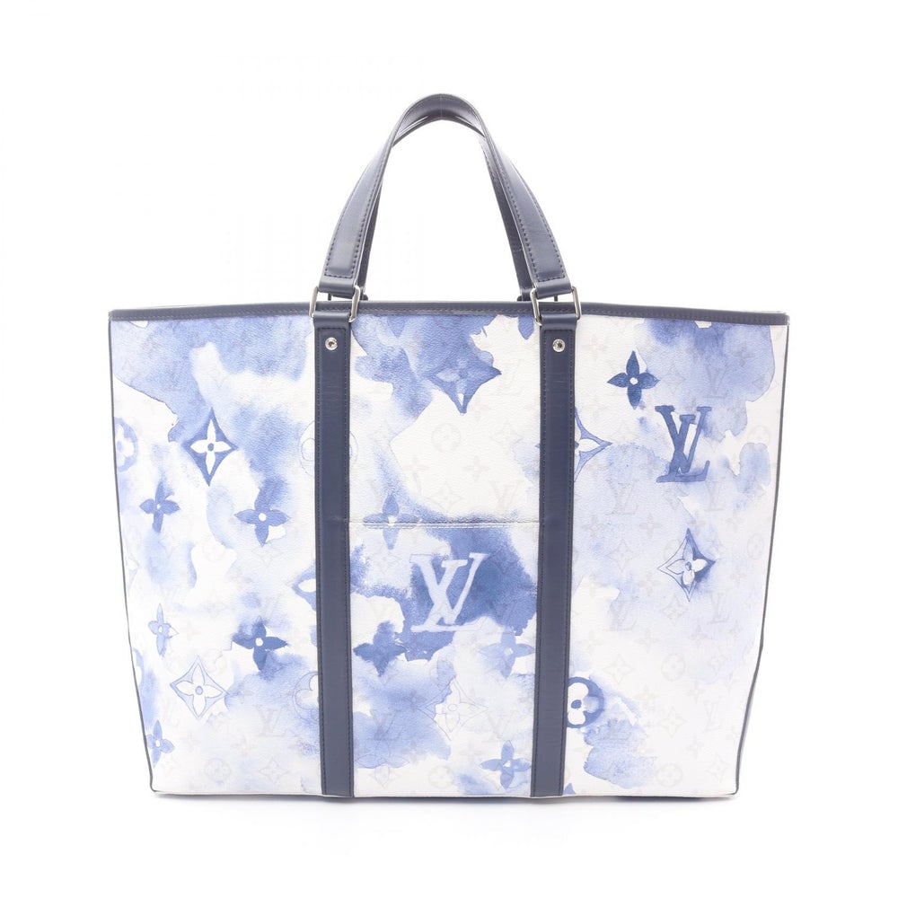 LV Weekend Tote GM Watercolor White Blue: White and blue PVC leather Weekend Tote GM Monogram Watercolor tote with inner pouch. Approx. 51 x 35 x 14 cm; handle 37 cm. Model M45755, product no. UB0281. Authentic and authenticated.