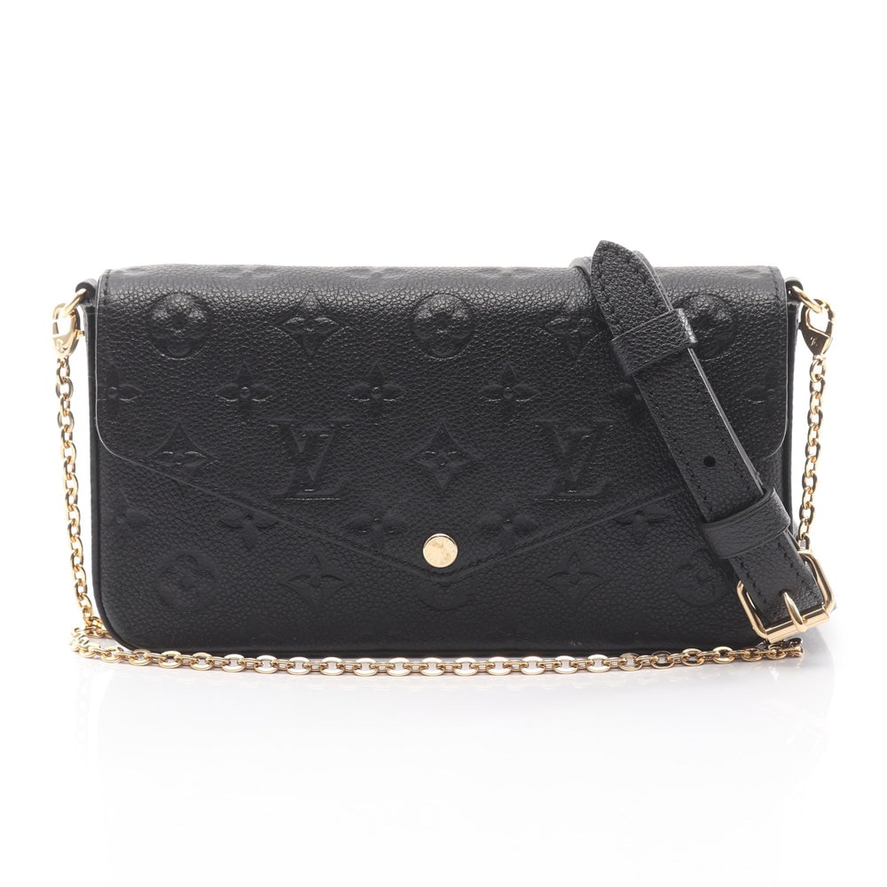 LV Pochette Felicie Black 2-Way: Black leather Pochette Felicie Monogram Empreinte chain wallet with card case, coin purse, and optional shoulder strap. Approx. 21 x 12.5 x 3 cm. Model M82477. Authentic and authenticated.