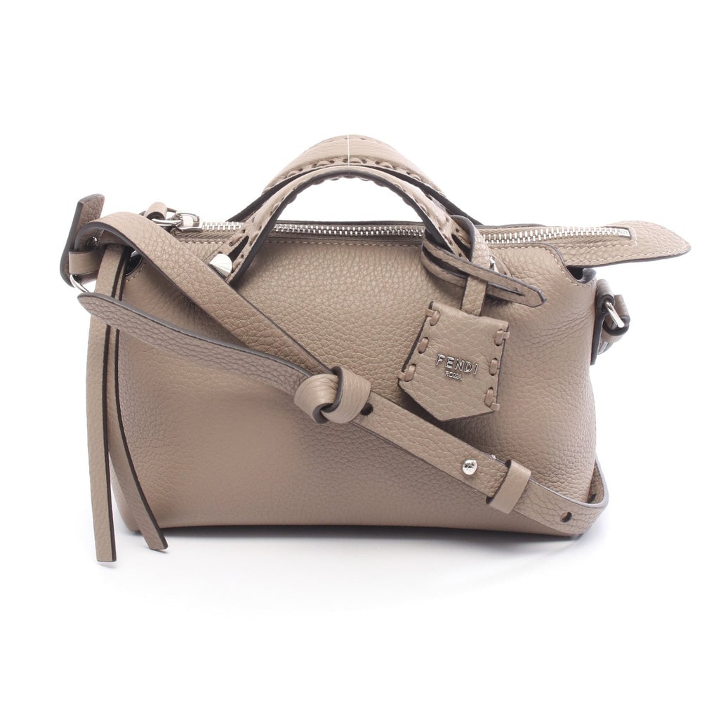 Fendi By The Way Mini Gray: Gray beige leather mini 2Way handbag. Includes strap and storage bags. 20 x 13 x 9 cm.