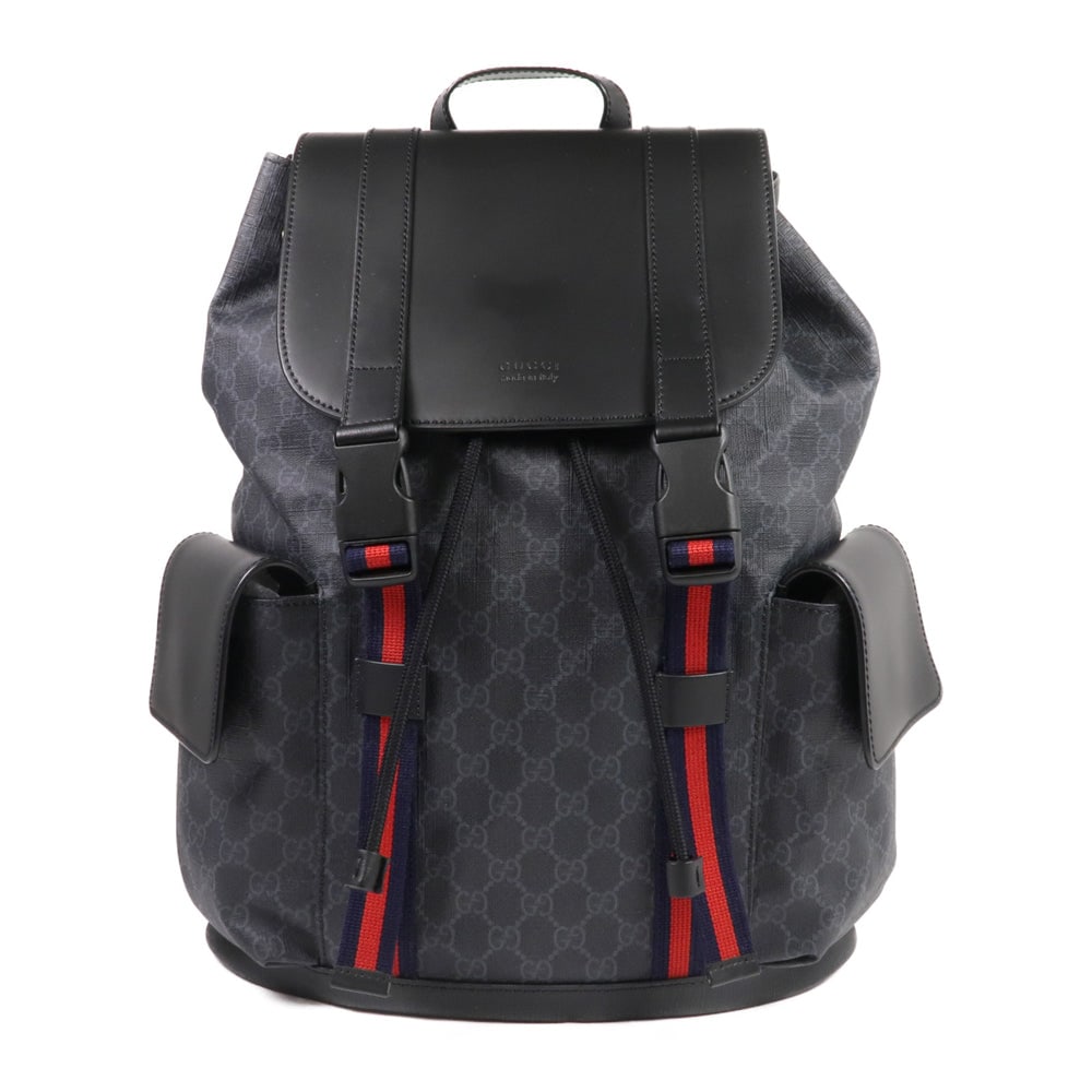 Gucci GG Supreme Backpack: Black GG Supreme PVC coated canvas backpack with SHW; includes storage bag; W35 x H42 x D11 cm; handle 16 cm. Authentic and authenticated.