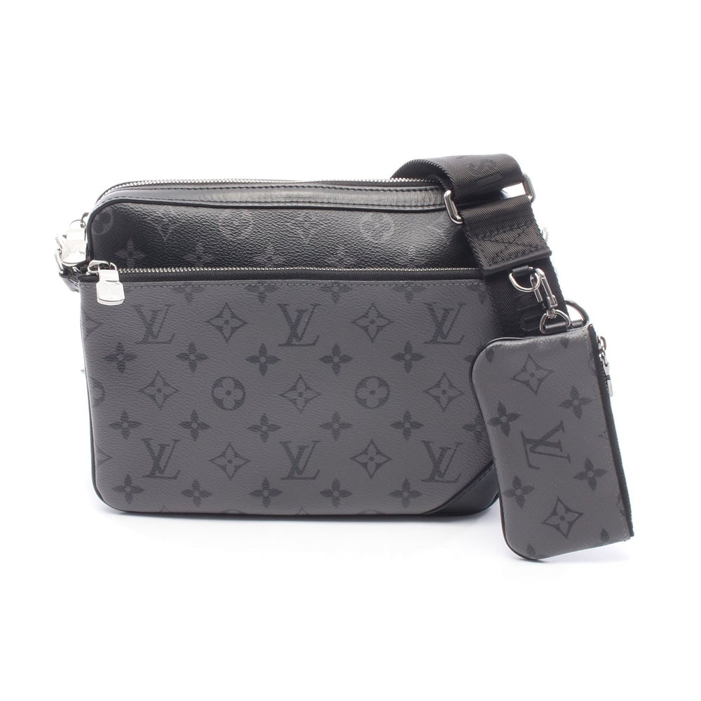 Louis Vuitton Trio Messenger Eclipse: Black and gray monogram eclipse PVC and leather shoulder bag; H18 x W24.5 x D4 cm; strap 93-137 cm. Authentic and authenticated.