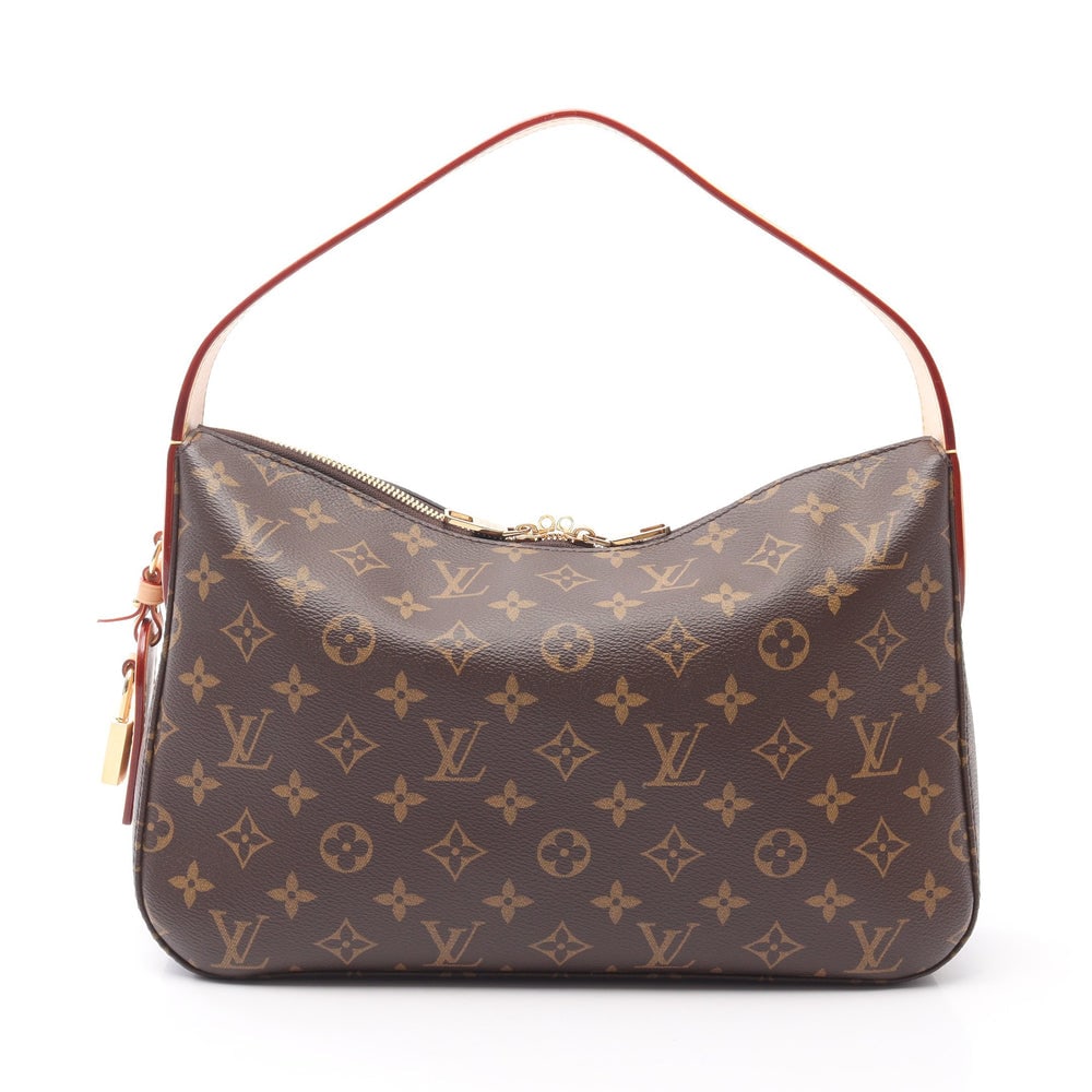 LV Slouchy PM Monogram: Brown monogram PVC and leather one shoulder bag; includes padlock, charm, and luggage tag; H21 x W31/32 x D9 cm. Authentic and authenticated.