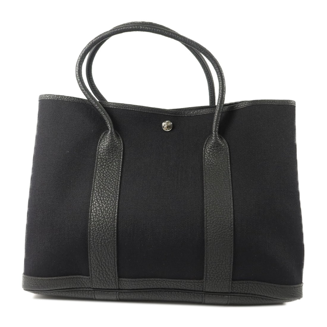 Hermes Garden Party PM Noir: Black leather and canvas tote bag.