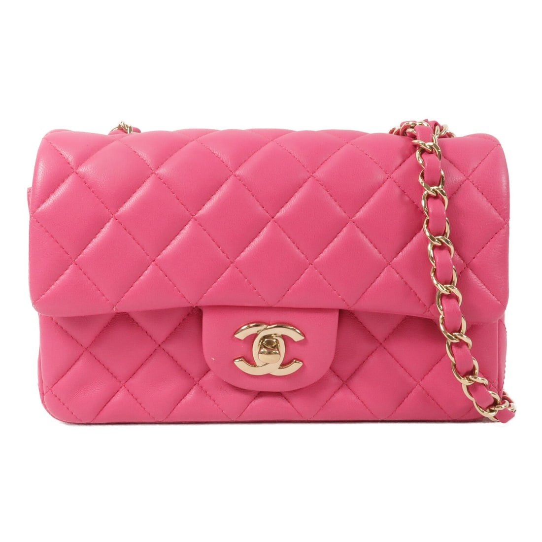 Chanel Mini Classic 20 Pink: Pink lambskin mini classic chain shoulder bag with gold-tone hardware.