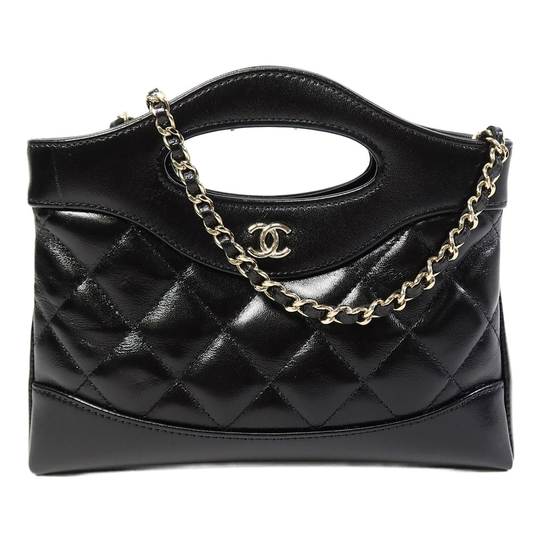 Chanel 31 Nano Crossbody Black: Black calfskin Chanel 31 nano crossbody chain shoulder bag with silver-tone hardware.