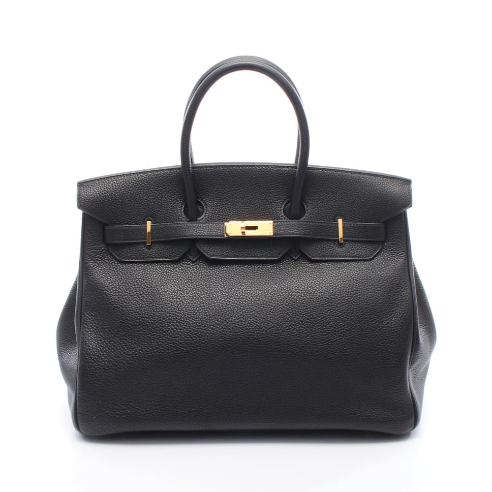 Hermes Birkin 35 Black: Black togo handbag with gold hardware. Includes crochet padlock and keys. 35 x 28 x 18 cm.