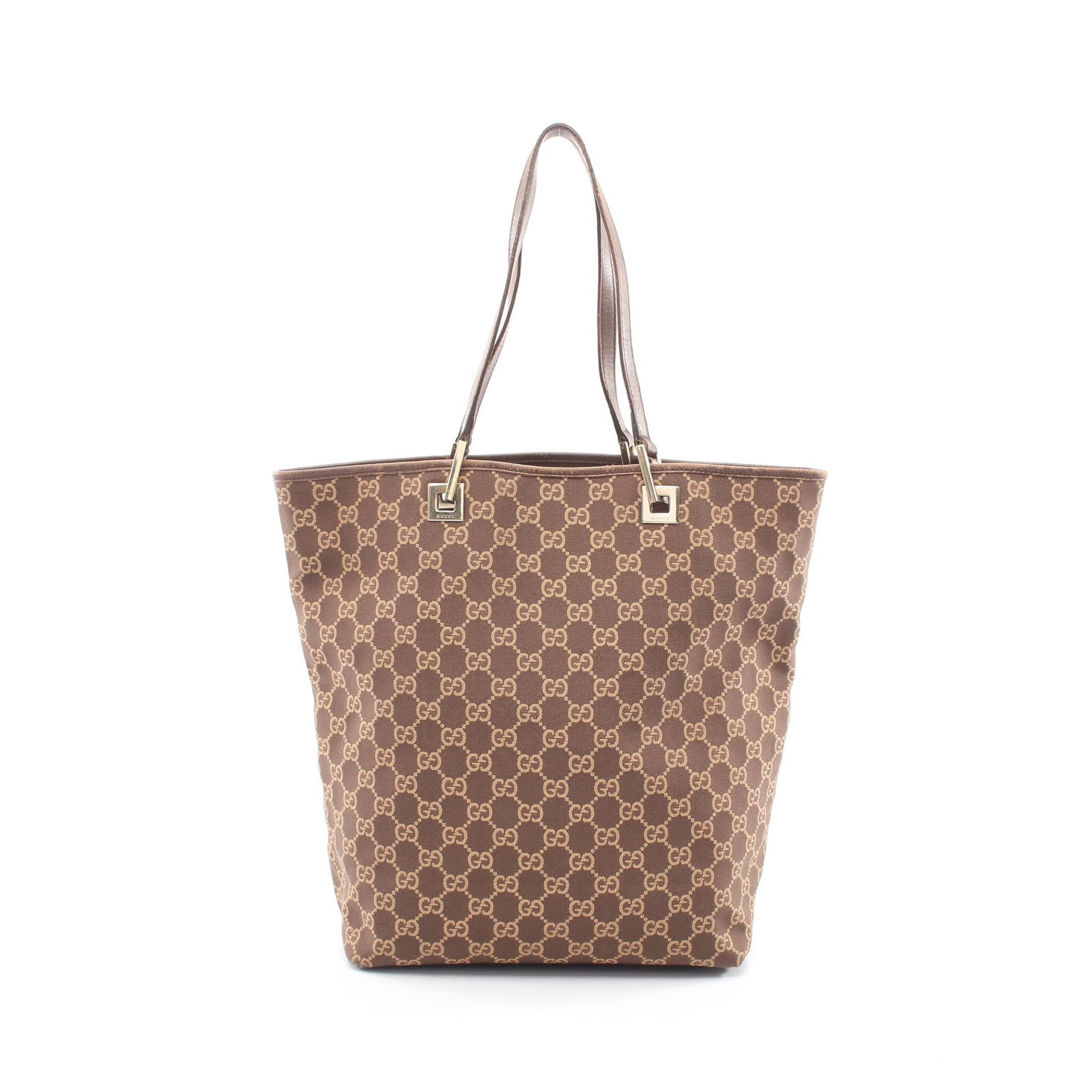 Gucci GG Canvas Brown Tote Shoulder Bag: Authentic and authenticated Gucci GG canvas tote shoulder bag in brown canvas and leather. Model 002 1098 2123. Approx. 30H x 36/24W x 12D cm with 45 cm strap and 21 cm max drop. No accessories