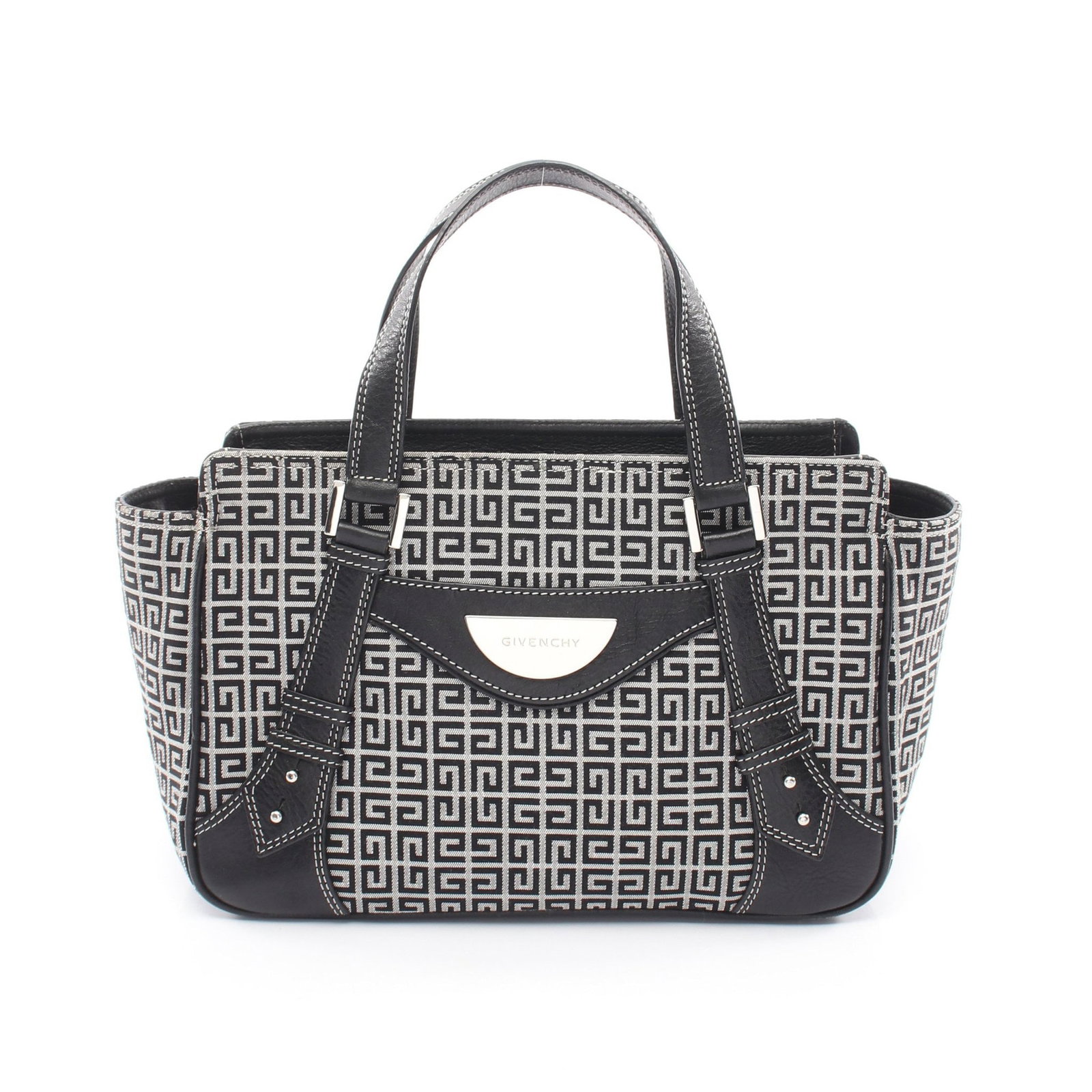 Givenchy Logo Canvas Leather Handbag: Authentic and authenticated Givenchy logo handbag in black/gray canvas and leather. Approx. 19H x 36/28W x 12D cm with 36 cm handle. No accessories listed.