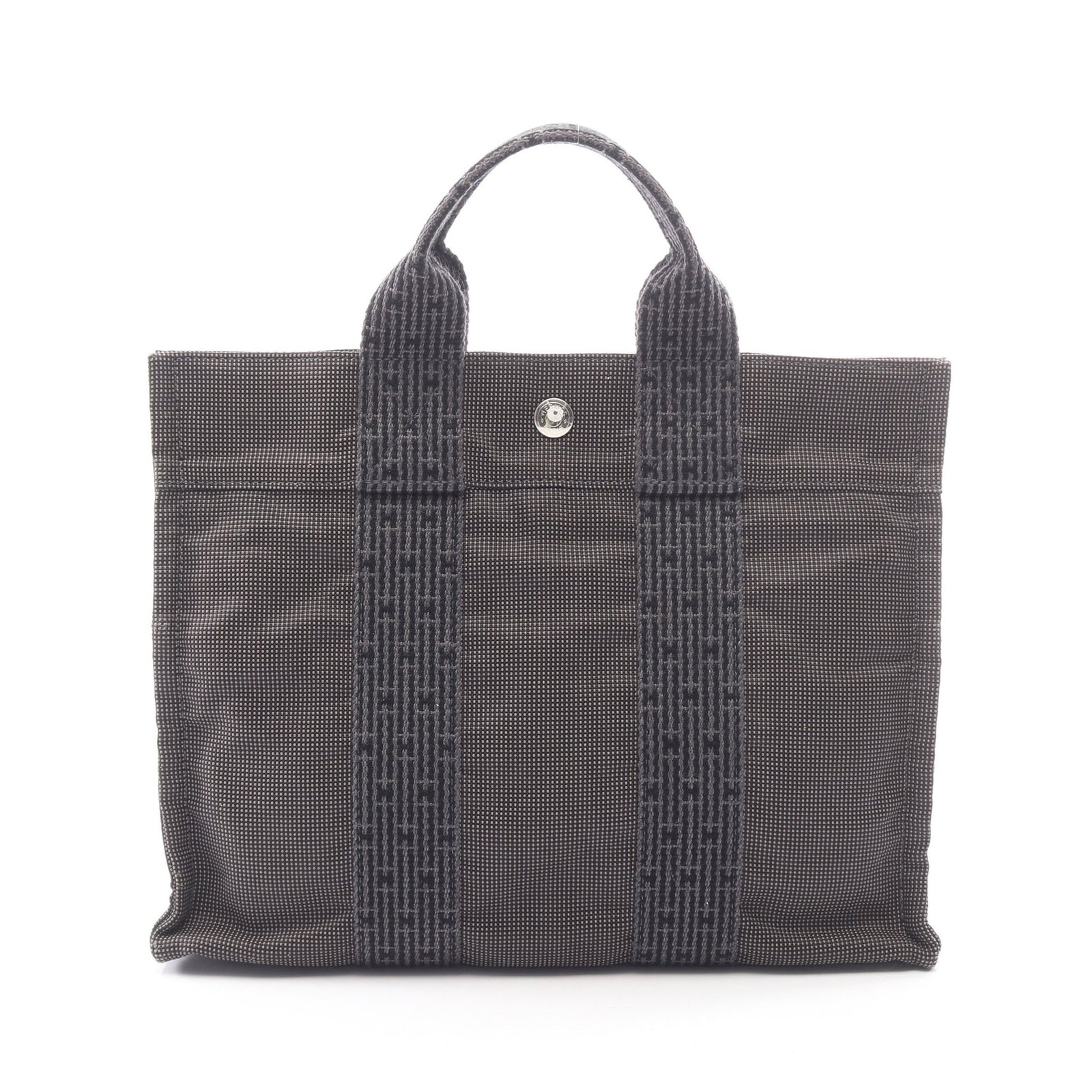 Hermes Yale Line PM Nylon Tote Dark Gray: Authentic and authenticated Hermes Yale Line PM tote handbag in dark gray nylon canvas with silver hardware. Approx. 23H x 30W x 8D cm with 24 cm handle. No accessories listed.
