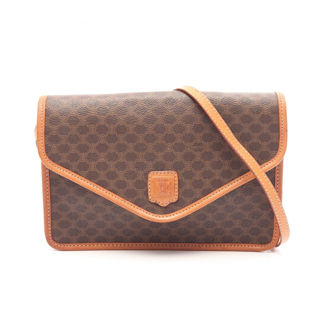 Celine Macadam Shoulder Bag Brown: Authentic and authenticated Celine Macadam shoulder bag in dark brown/brown PVC and leather. Approx. 18H x 25.5W x 5.5D cm with 125 cm strap. No accessories listed.