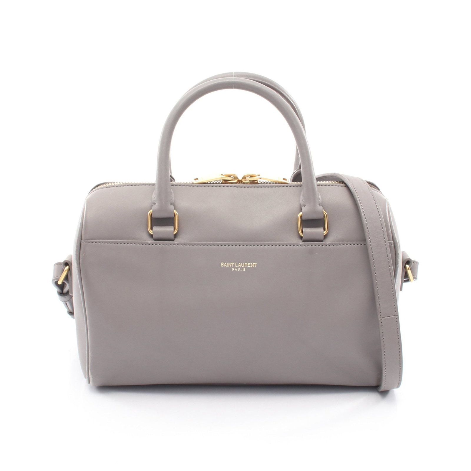 Saint Laurent Baby Duffle 2WAY Gray: Authentic and authenticated Saint Laurent Paris Baby Duffle 2WAY handbag in gray leather. Approx. 14H x 22.5W x 10.5D cm with 28 cm handle and 122-128 cm strap. Includes shoulder strap.