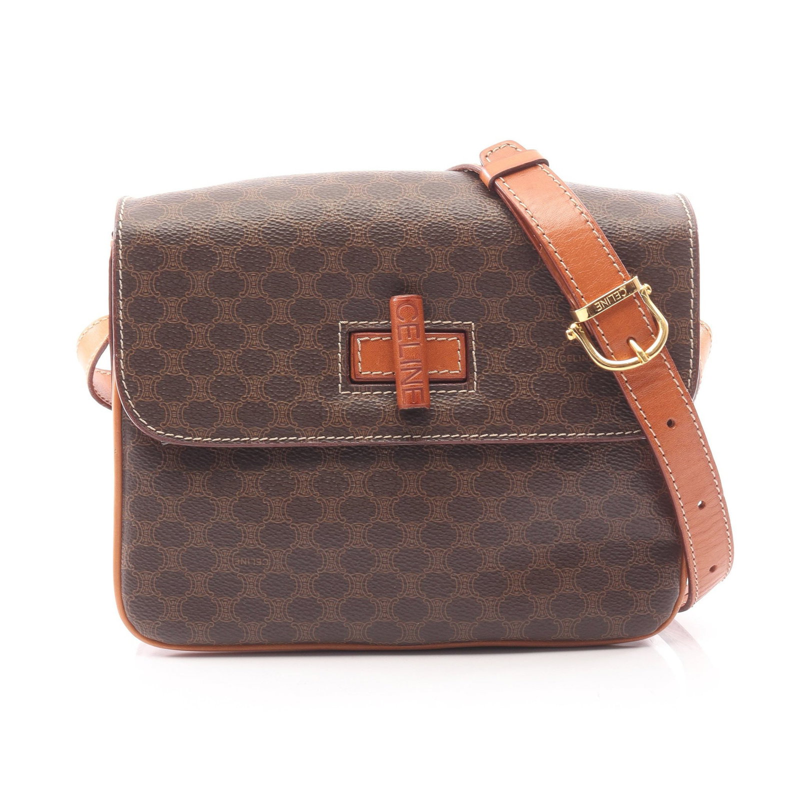 Celine Macadam Shoulder Bag Brown: Authentic and authenticated Celine Macadam shoulder bag in dark brown/brown PVC and leather. Approx. 17H x 22W x 4D cm with 102-116 cm strap. No accessories listed.