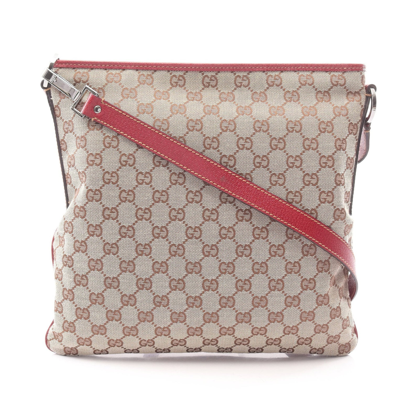 Gucci GG Canvas Shoulder Bag Beige: Authentic and authenticated Gucci GG canvas shoulder bag in beige/bordeaux canvas and leather. Model 113013. Approx. 30H x 29/31W x 2D cm with 119 cm strap. No accessories listed.