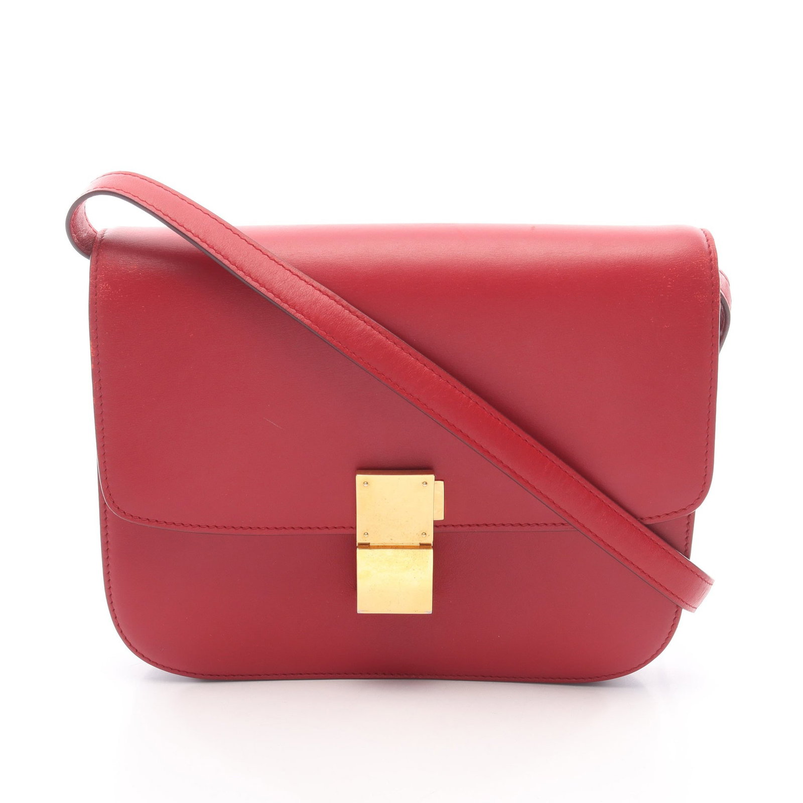 Celine Classic Box Medium Red: Authentic and authenticated Celine Classic Box Medium shoulder bag in red leather. Model 189173. Approx. 18.5H x 23.5W x 6D cm with 55-96 cm strap and 45 cm max drop. No accessories listed.