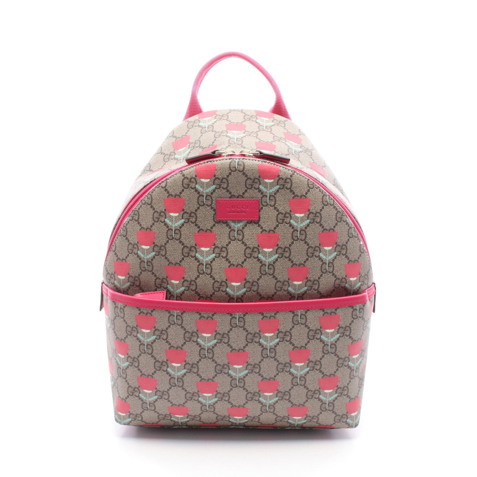 Gucci Kids GG Supreme Backpack: Authentic and authenticated Gucci Children's GG Supreme Kim Seung-yeon flower print backpack in beige/brown/pink PVC and leather. Model 782708. Approx. 31H x 25W x 10.5D cm with 35-68 cm straps.