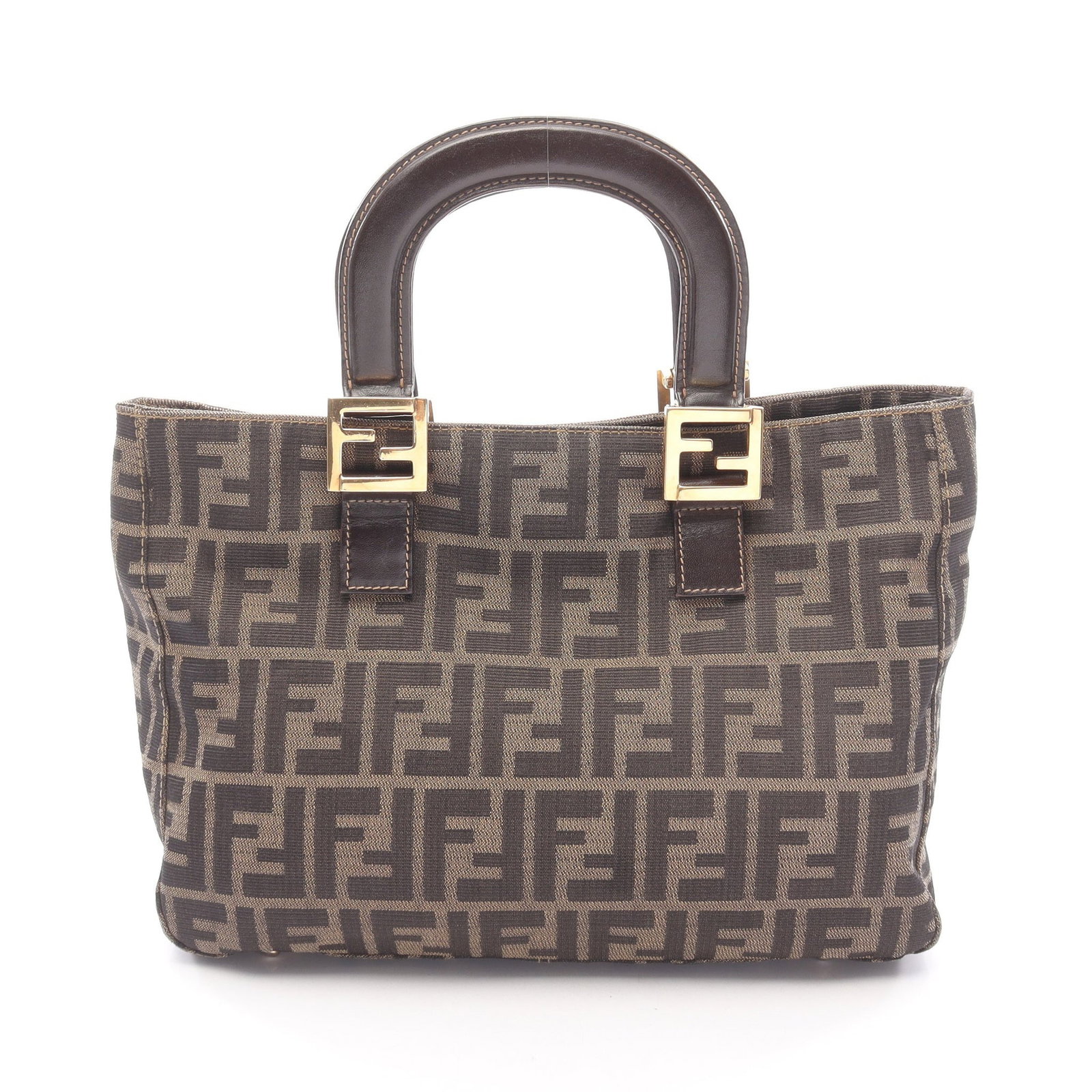 Fendi Zucca Canvas Handbag Brown: Authentic and authenticated Fendi Zucca handbag in brown/black canvas and leather. Approx. 21H x 32/29W x 10D cm with 36 cm handle. No accessories listed.