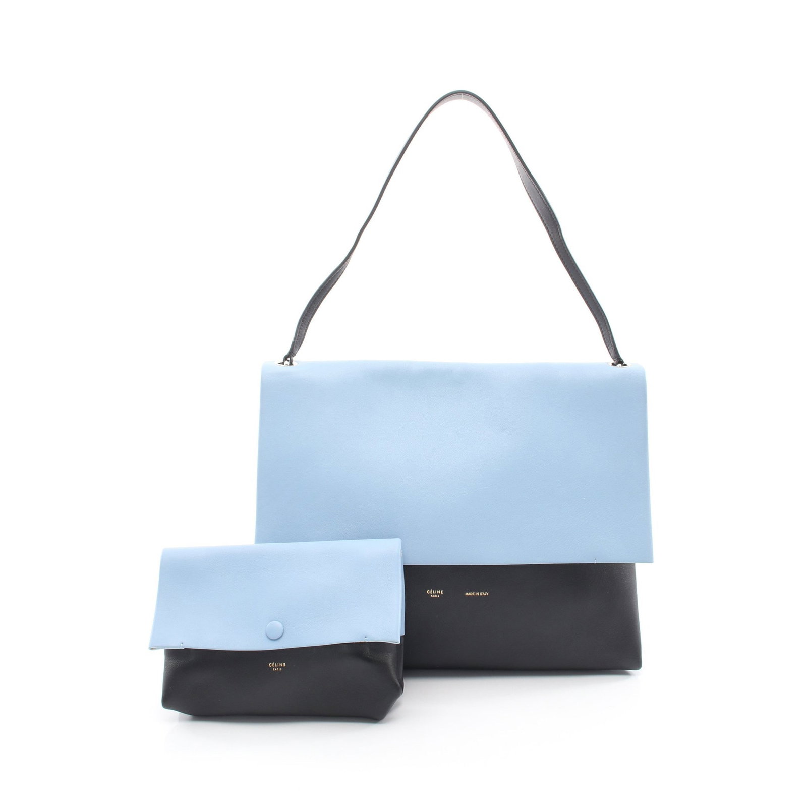 Celine All Soft One Shoulder Bag: Authentic and authenticated Celine All Soft one shoulder bag in light blue/black leather. Model 172183. Approx. 29H x 34.5W x 16D cm with 56 cm strap and 23 cm max drop. Includes storage bags and