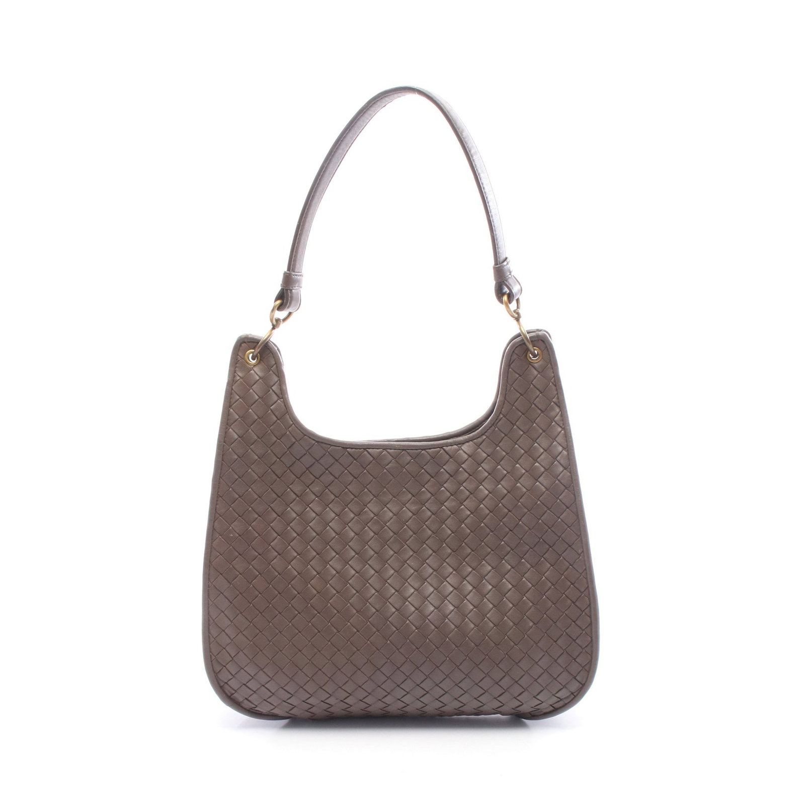 Bottega Intrecciato Shoulder Bag Gray: Authentic and authenticated Bottega Veneta Intrecciato one shoulder bag in gray brown leather. Approx. 25H x 26/18W x 10D cm with 43 cm strap and 25 cm max drop.