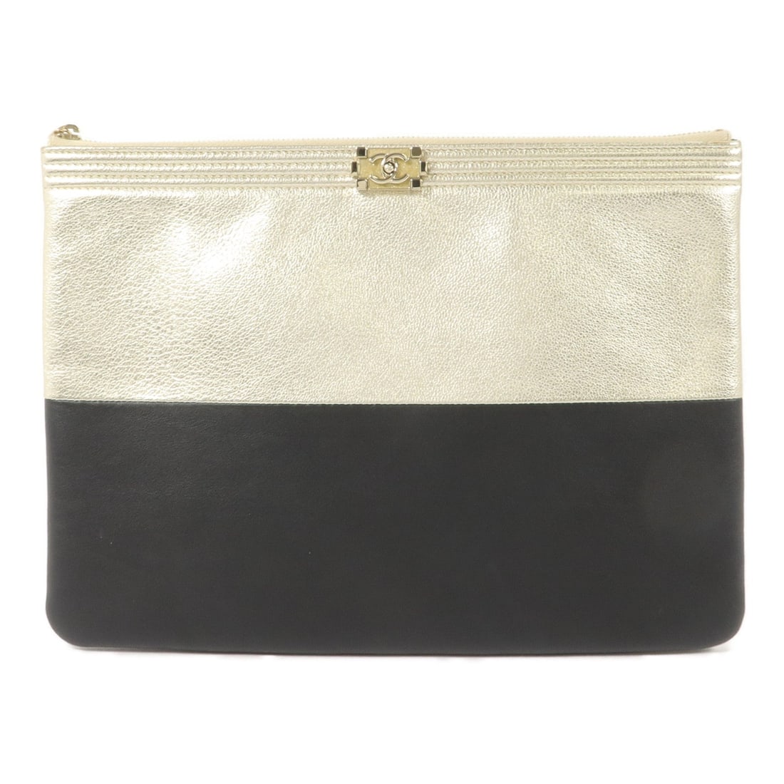 Chanel Lambskin Pouch Clutch Black: Authentic and authenticated Chanel pouch clutch bag in black and gold lambskin. Product no. #21714924. Approx. 27W x 20H x 1.5D cm. Includes storage bags, hologram sticker, and guarantee.