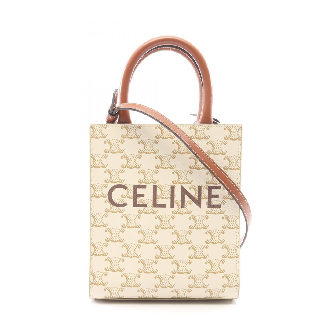 Celine Mini Vertical Triomphe 2WAY: Authentic and authenticated Celine Mini Vertical Hippopotamus Triomphe 2WAY handbag in off white and brown PVC leather. Model 194372. Approx. 20H x 17W x 5D cm with 26 cm handle and 105-110 cm strap.