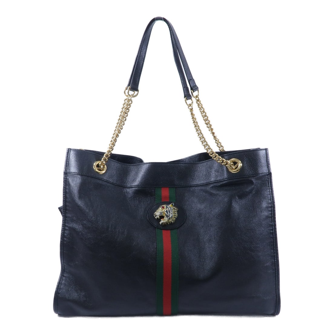 Gucci Rajah Chain Tote Black: Authentic and authenticated Gucci Rajah chain tote bag in black calfskin. Product no. 498879. Approx. 44W x 33H x 6D cm with 66 cm shoulder chain. Includes storage bags and pouch.